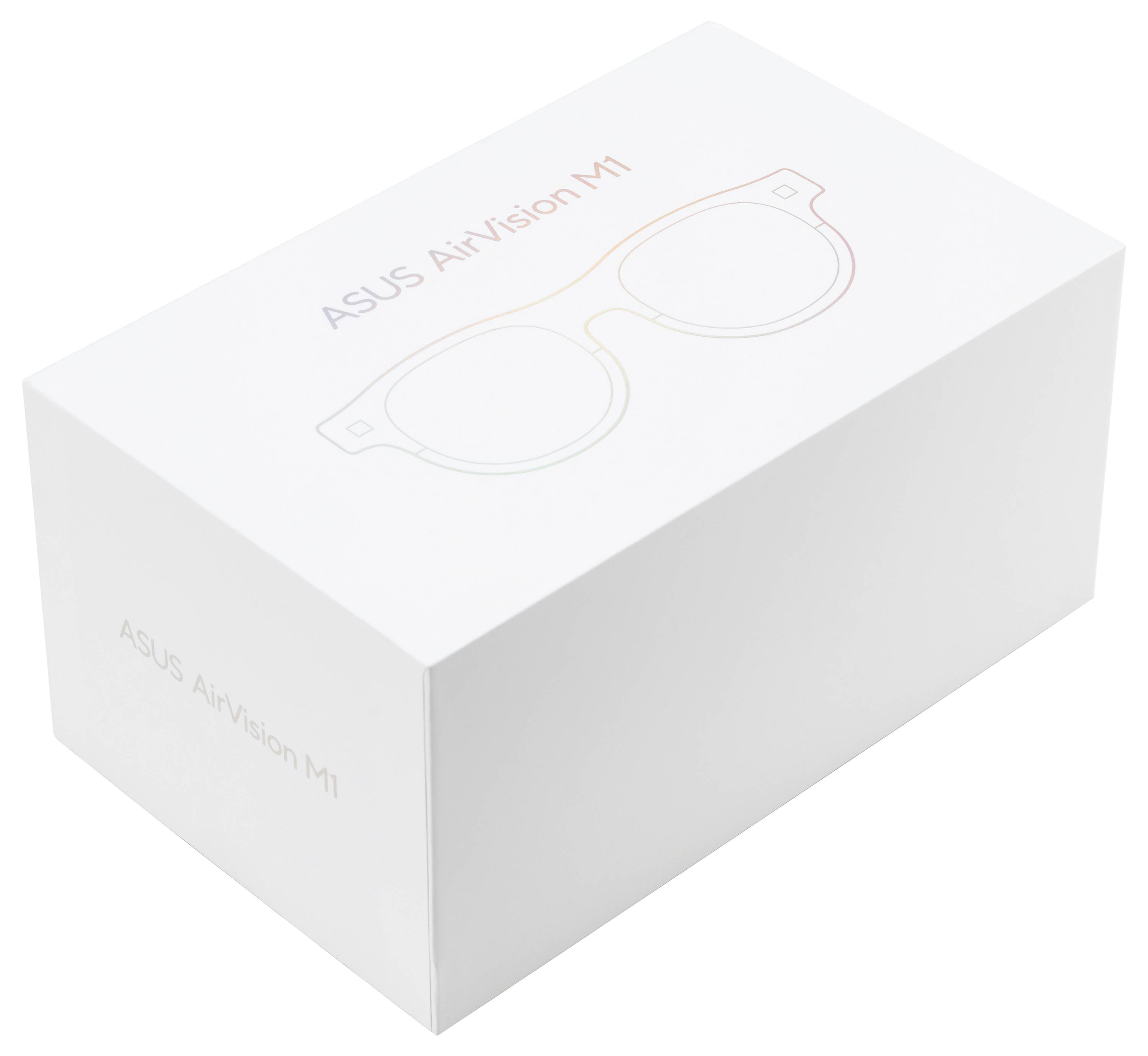 ASUS AiVision M1 Verpackung mit einer skizzierten Brillengrafik oben auf der Vorderseite.