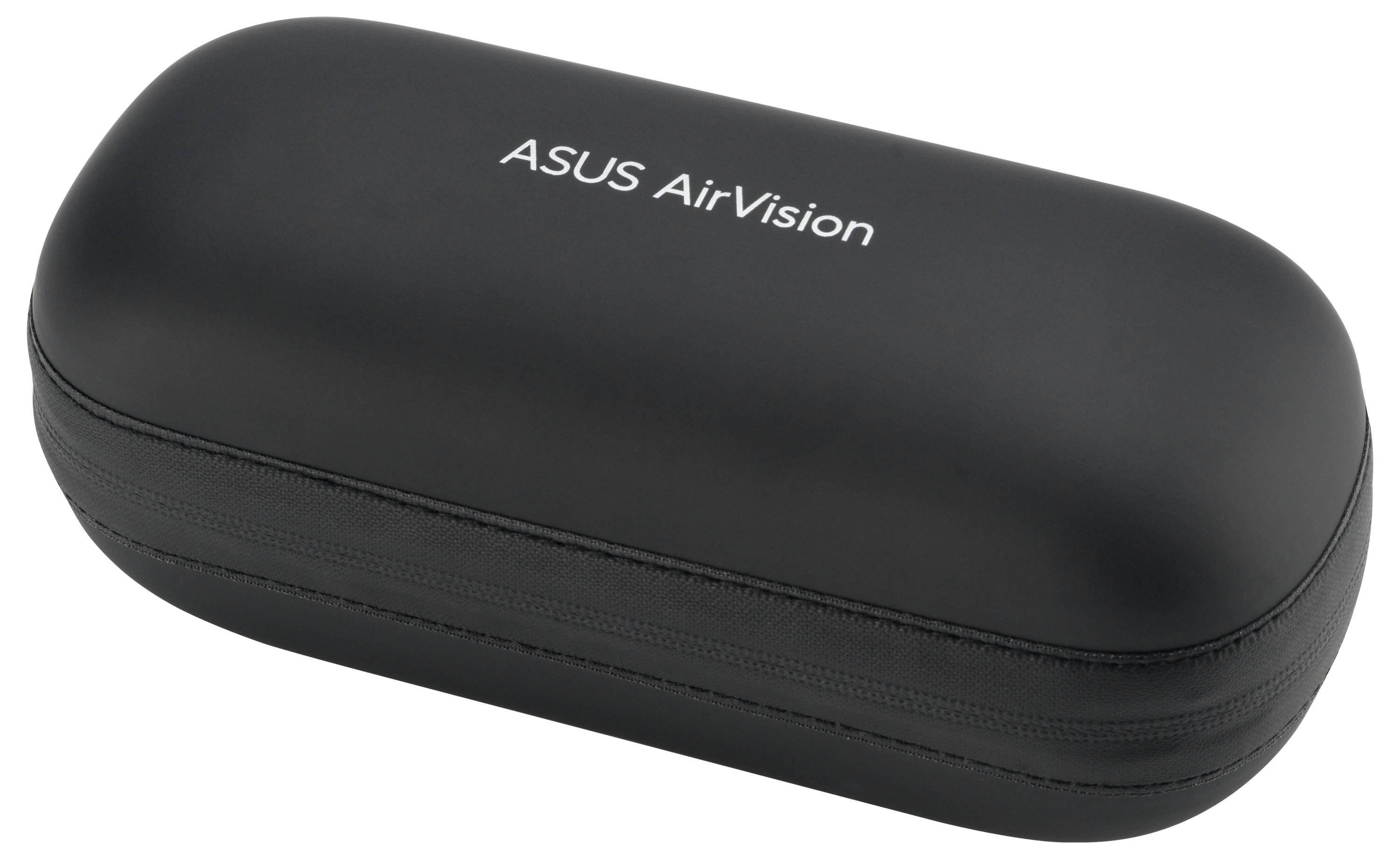Schwarzes ovales Etui mit 'ASUS AirVision' Text auf der Oberseite, wahrscheinlich zum Aufbewahren oder Schützen von elektronischen Zubehörteilen.
