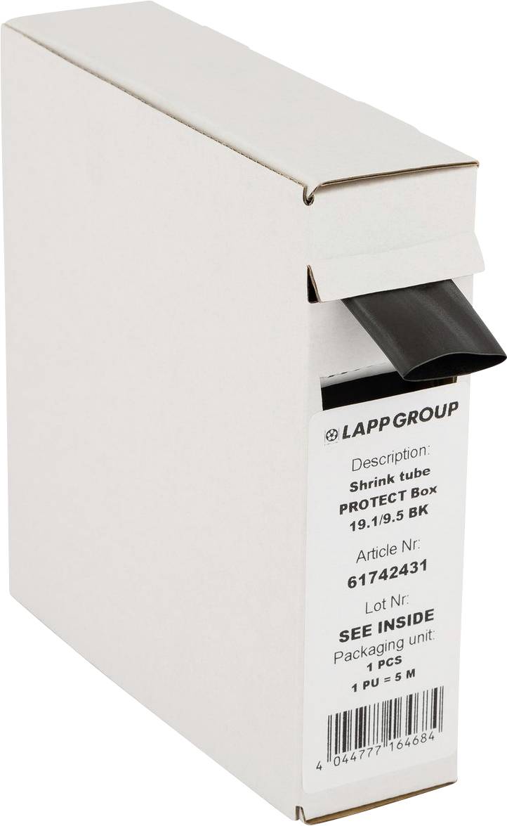 Weißer Karton mit der Beschriftung 'LAPPGROUP, Schrumpfschlauch PROTECT Box 19.1/9.5 BK, Artikelnummer: 61742431'. Schwarzer Schrumpfschlauch ragt aus der Öffnung heraus.