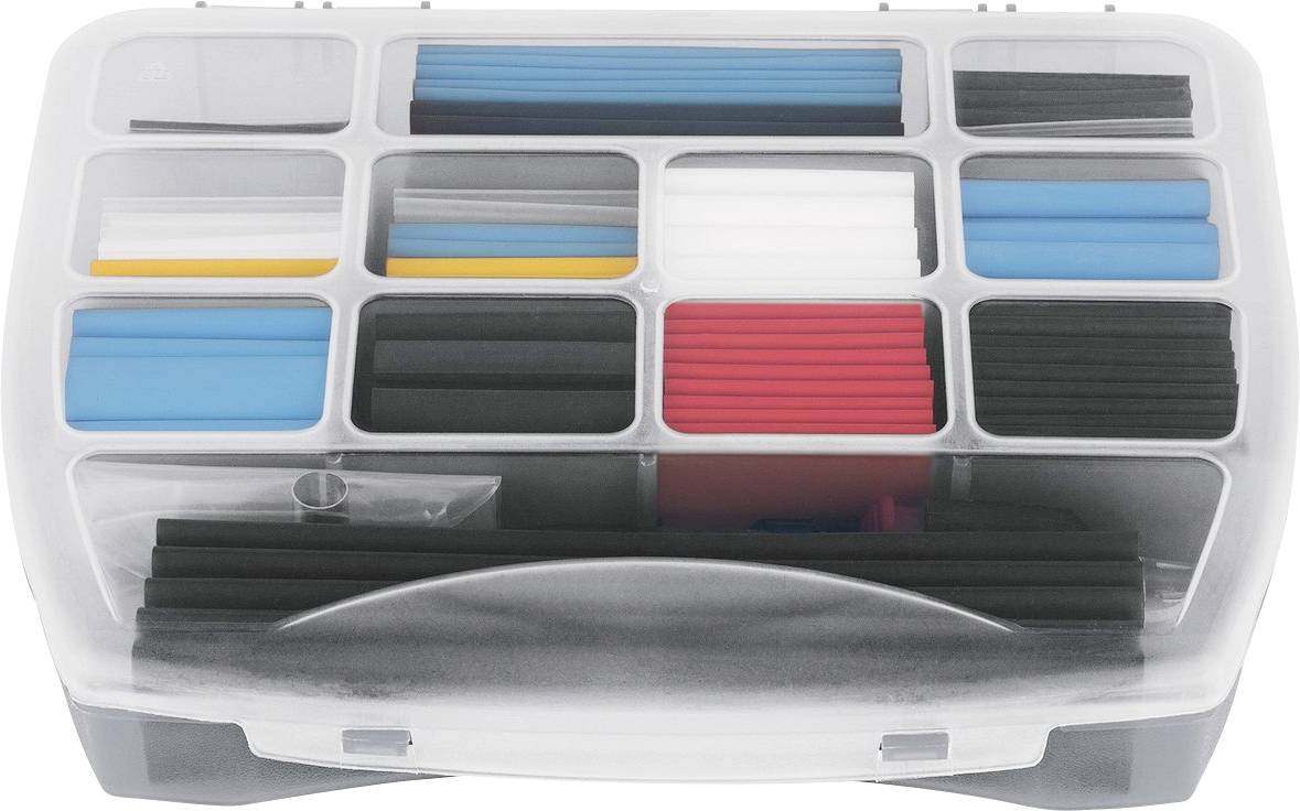 Eine Kunststoff-Aufbewahrungsbox mit mehreren Fächern, die sortierte bunte Plastik- oder Gummibänder enthält, nach Farbe und Größe organisiert.