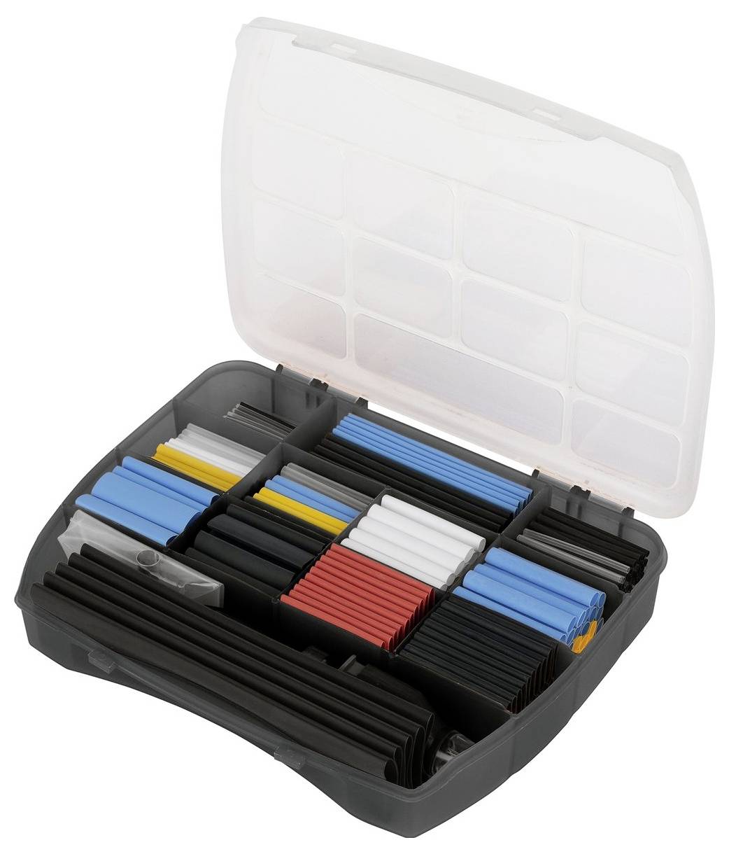 Eine offene Plastikorganisationsbox, gefüllt mit sortiertem Schrumpfschlauch in verschiedenen Farben und Größen, bereit zur elektrischen Isolierung.