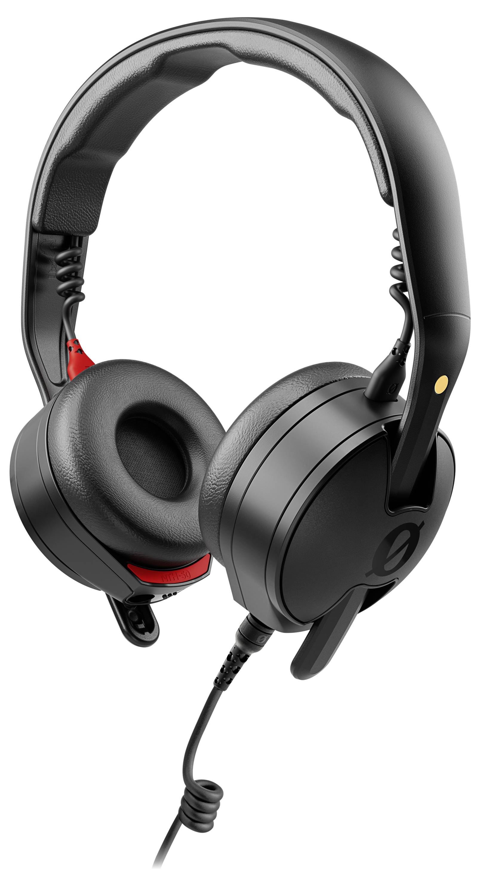 Schwarze Over-Ear-Kopfhörer mit einem dicken gepolsterten Kopfbügel und verstellbaren Ohrmuscheln, ausgestattet mit einer Spiralkabel und roten Akzenten im Inneren der Ohrmuscheln.