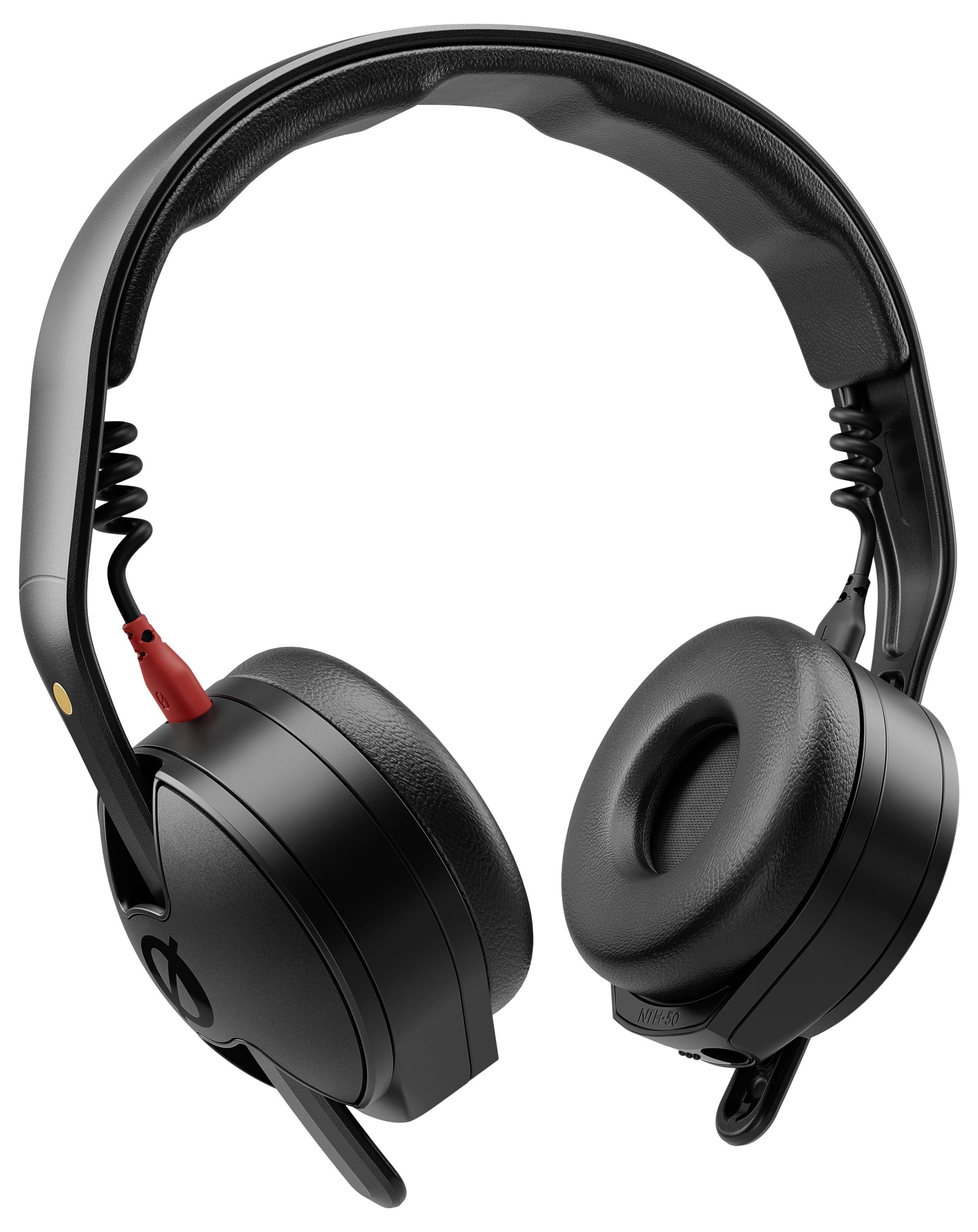 Schwarze Over-Ear-Kopfhörer mit gepolsterten Ohrmuscheln und abnehmbarem rotem Kabel, entwickelt für Audioqualität und Komfort.