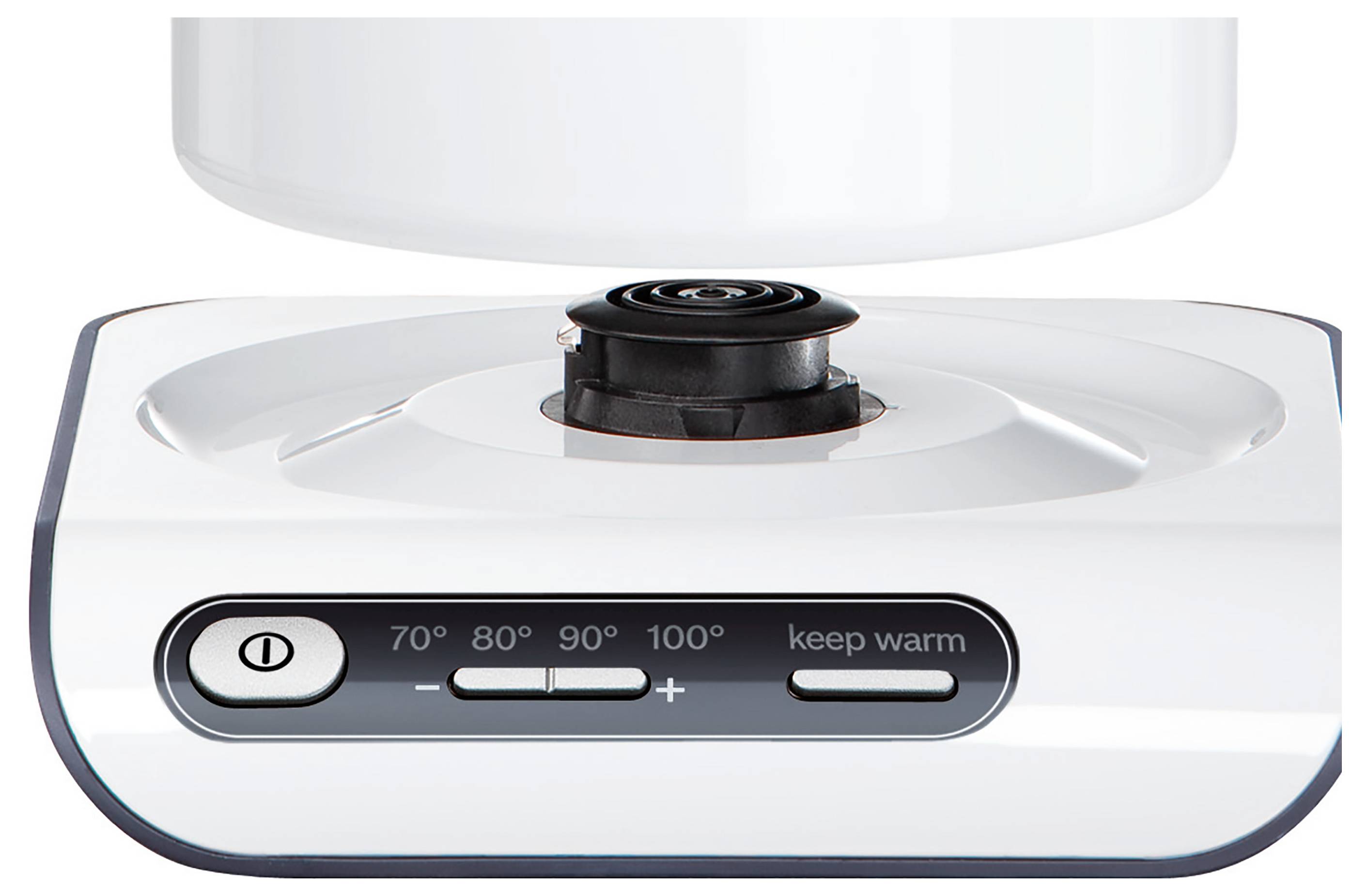 Ein weißes Bedienfeld mit Tasten für Ein/Aus, Temperatureinstellungen (70°, 80°, 90°, 100°) und einer Warmhaltefunktion.