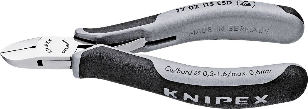 Detailaufnahme von Knipex Seitenschneidern mit ergonomischen Griffen. Markierungen zeigen '77 02 115 ESD' und 'MADE IN GERMANY.'
