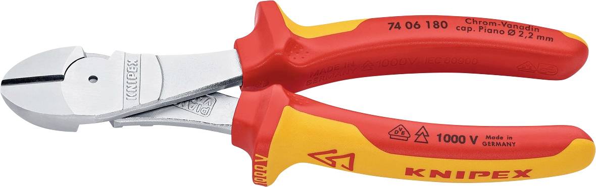 Drahtschneider mit rot und gelb isolierten Griffen, mit der Aufschrift 'KNIPEX', entwickelt zum sicheren Schneiden von Drähten mit 1000V Schutz.