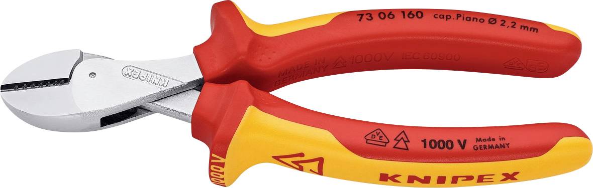 Rot und gelb isolierte Zange mit der Aufschrift 'Knipex', für elektrische Arbeiten ausgelegt, geeignet für bis zu 1000V, mit präzisen Schneidkanten.