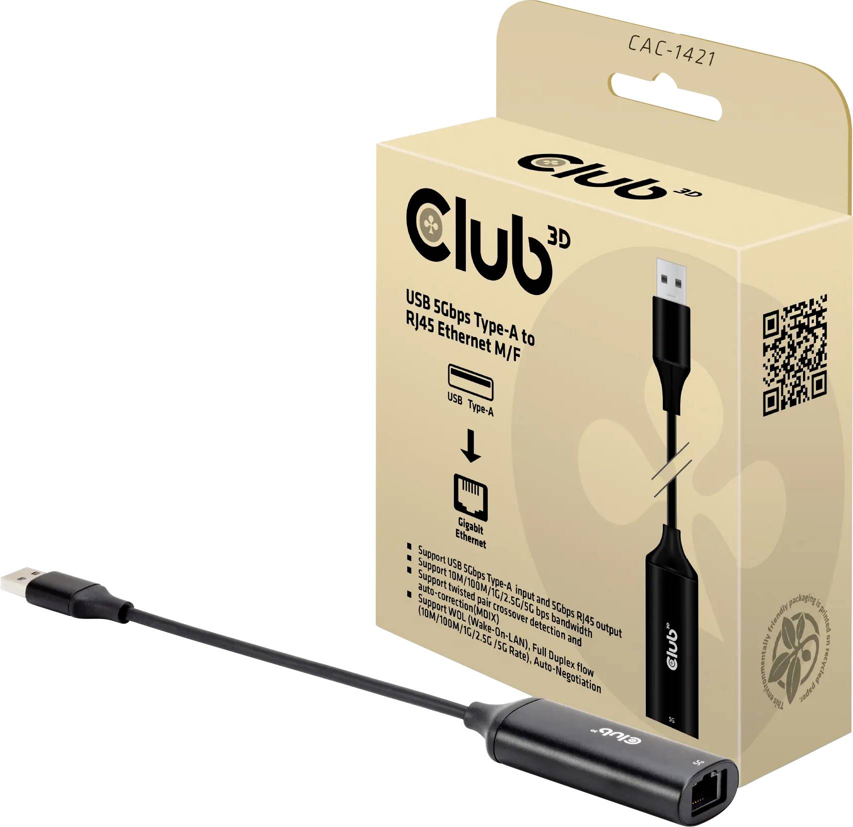 Club3D CAC-1421 USB 3.2 Gen 1 (USB 3.0) / RJ45 Adapter [1x USB-A Stecker - 1x RJ45-Buchse] Schwarz 12cm