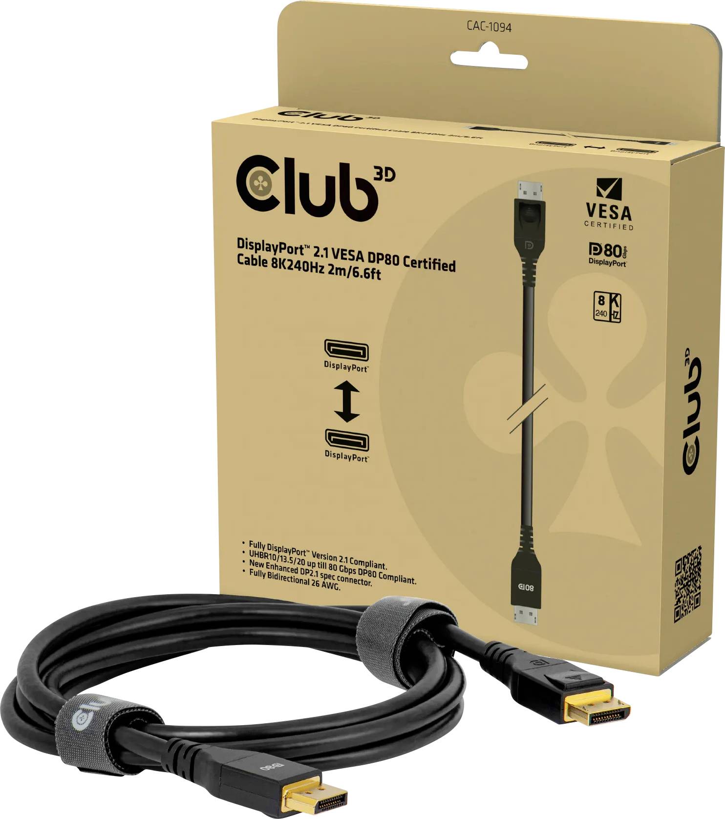 Club3D CAC-1094 DisplayPort Verlängerungskabel [1x DisplayPort Stecker - 1x DisplayPort Stecker] 2m