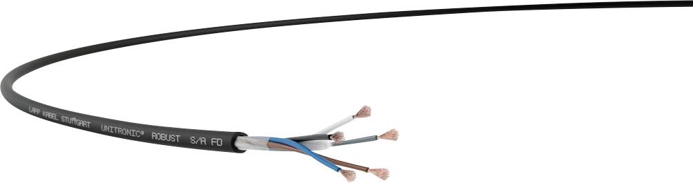 Ein schwarzes Elektrokabel mit vier freigelegten Kupferdrähten, die jeweils mit unterschiedlich farbiger Isolierung versehen sind: braun, blau und zwei blanke Kupferdrähte.