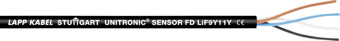 Ein schwarzes Lapp Kabel UNITRONIC Sensorkabel, gekennzeichnet mit ‚FD LiF9Y11Y', mit freigelegten Kupferdrähten an einem Ende, verwendet für Elektronik.