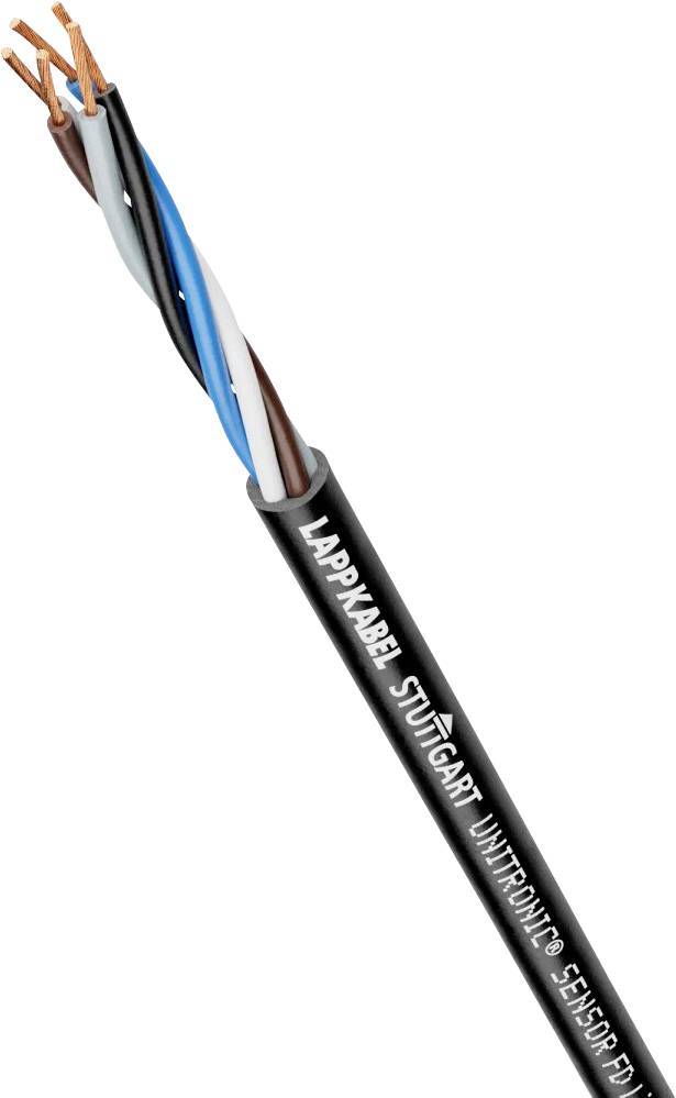 Ein schwarzes, mehradriges Kabel mit freigelegten Kupferdrähten; gekennzeichnet als 'Lappkabel Stuttgart Unitronic Sensor FD.'