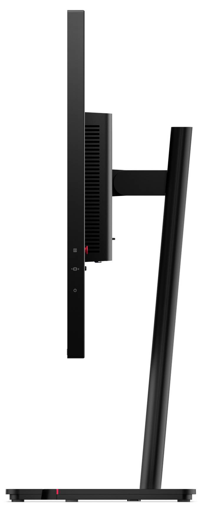 Ein schlanker Computermonitor aus der Seitenansicht, der seinen verstellbaren Ständer und sein dünnes Profil zeigt.