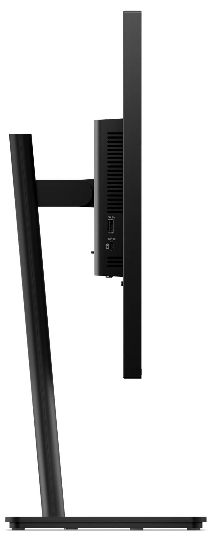 Seitenansicht eines schlanken, modernen Computermonitors mit schwarzem Ständer und minimalistischem Rahmendesign.