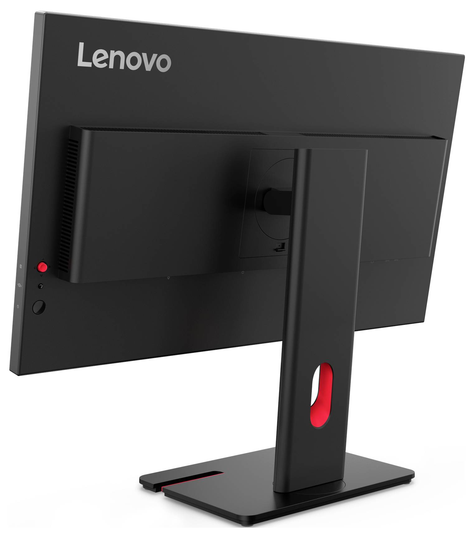 Ein schwarzer Lenovo-Computermonitor, von hinten betrachtet, mit elegantem Design, einem roten Powerknopf und einem rechteckigen Ständer.