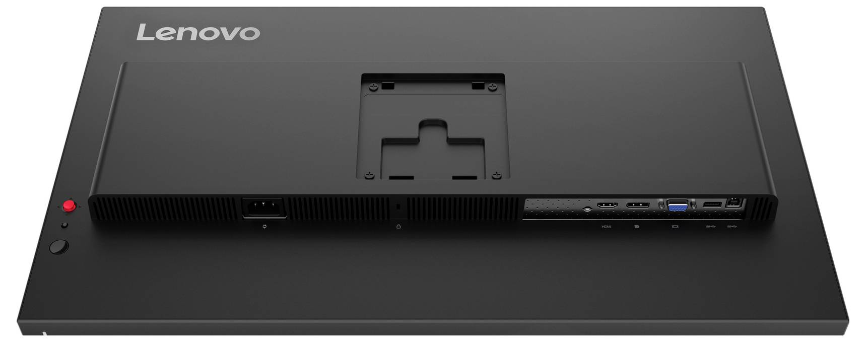 Rückansicht eines Lenovo-Monitors, die den Bereich der Halterung und verschiedene Anschlüsse wie HDMI, DisplayPort, USB und Stromanschluss zeigt.