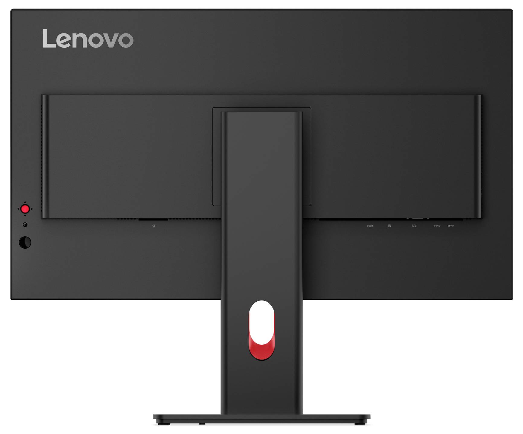 Ein schwarzer Lenovo-Computermonitor, von hinten betrachtet, mit seinem Ständer und einem dezenten Lenovo-Logo in der oberen linken Ecke.