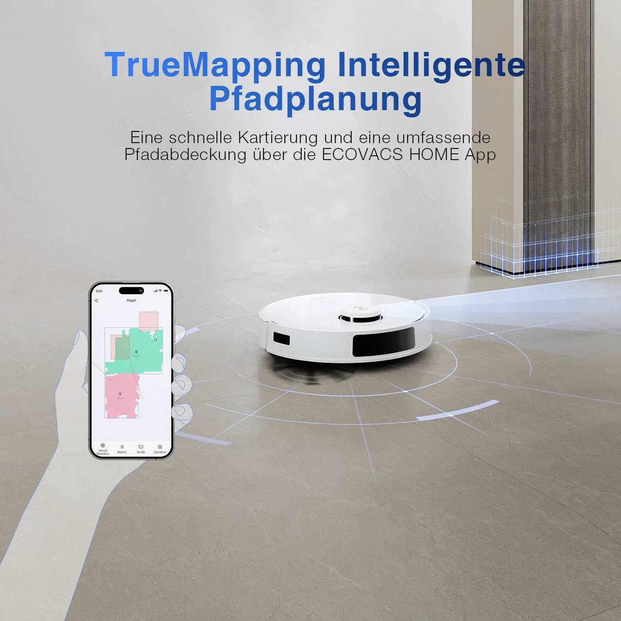 Ein Roboter-Staubsauger kartiert einen Boden mithilfe einer App auf einem Smartphone. Die deutsche Beschreibung erläutert intelligente Wegplanung und Flächenabdeckung.