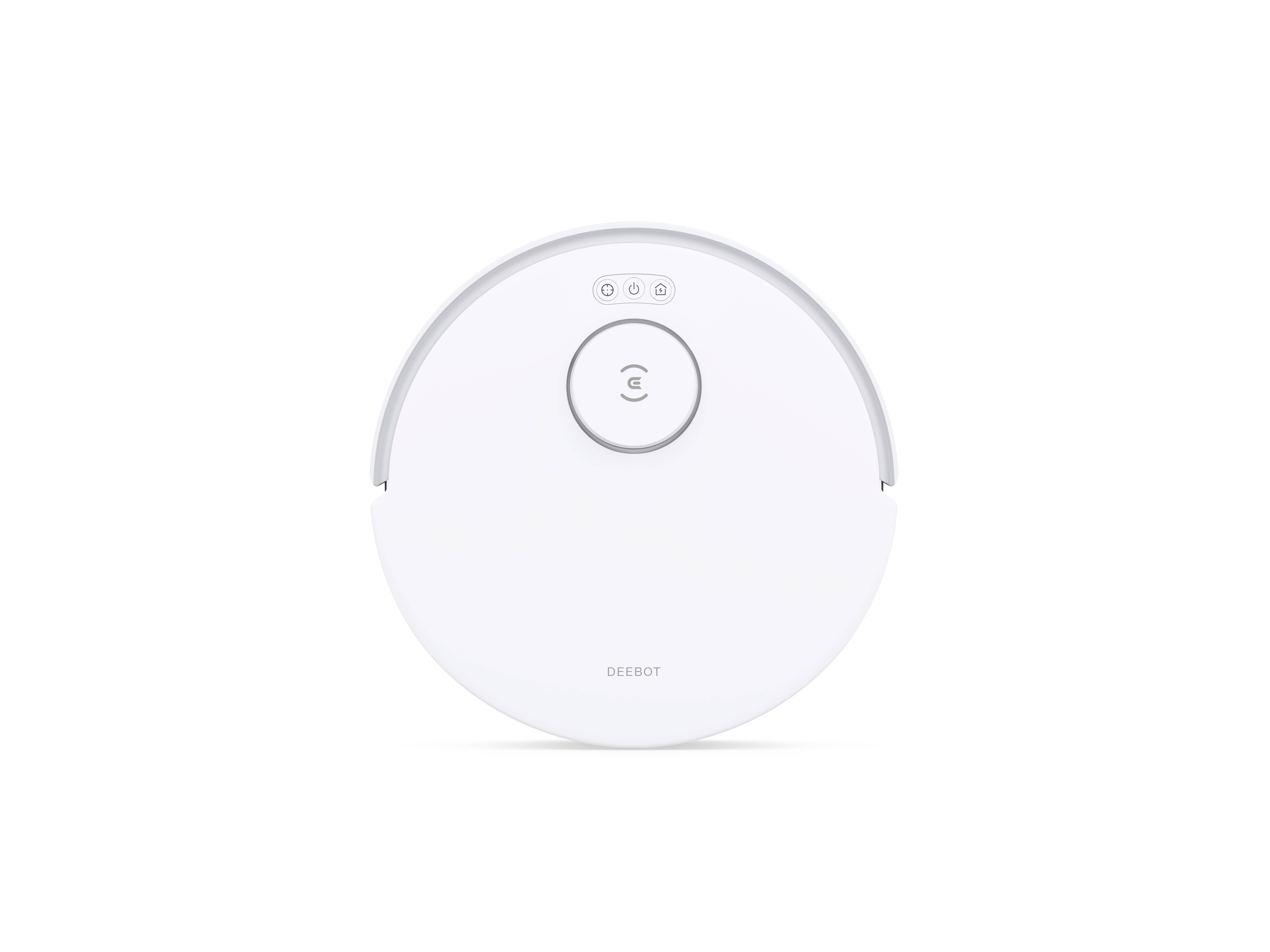 Ein runder, weißer Saugroboter mit einem zentralen Logo und minimalen Bedienelementen auf der Oberseite, vor einem einfarbigen Hintergrund.