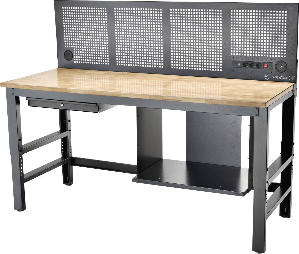 Stahlwille 85010630 Werkstatt Höhenverstellbare Werkbank mit gelochter Rückwand + Schublade (B x T) 2000mm x 725mm