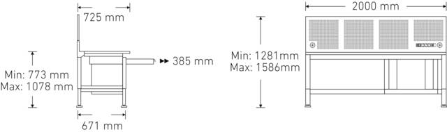 Stahlwille 85010630 Werkstatt Höhenverstellbare Werkbank mit gelochter Rückwand + Schublade (B x T) 2000mm x 725mm