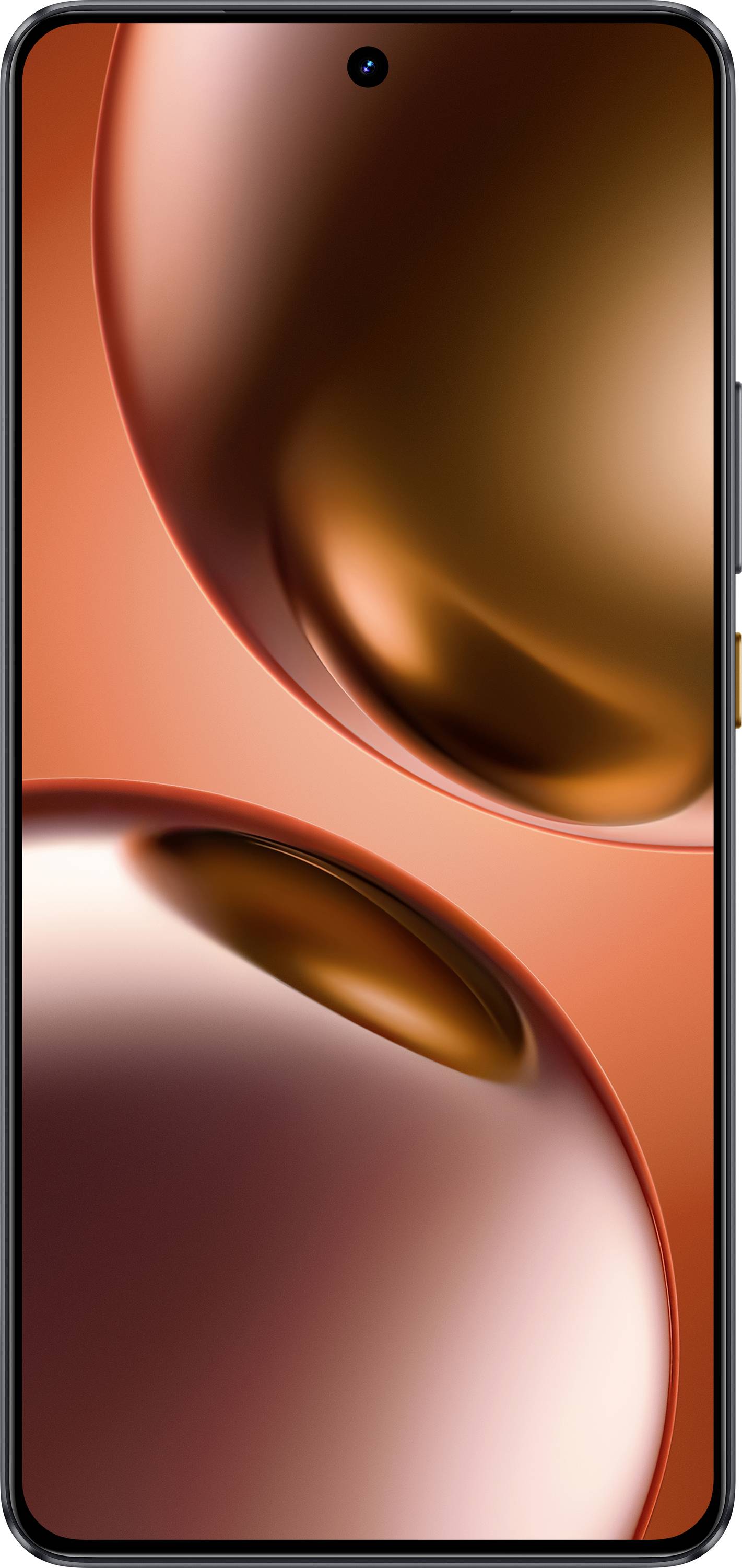 Ein Smartphone mit Volldisplay zeigt ein abstraktes Orange- und Bronzedesign mit glänzenden, sphärischen Reflexionen.