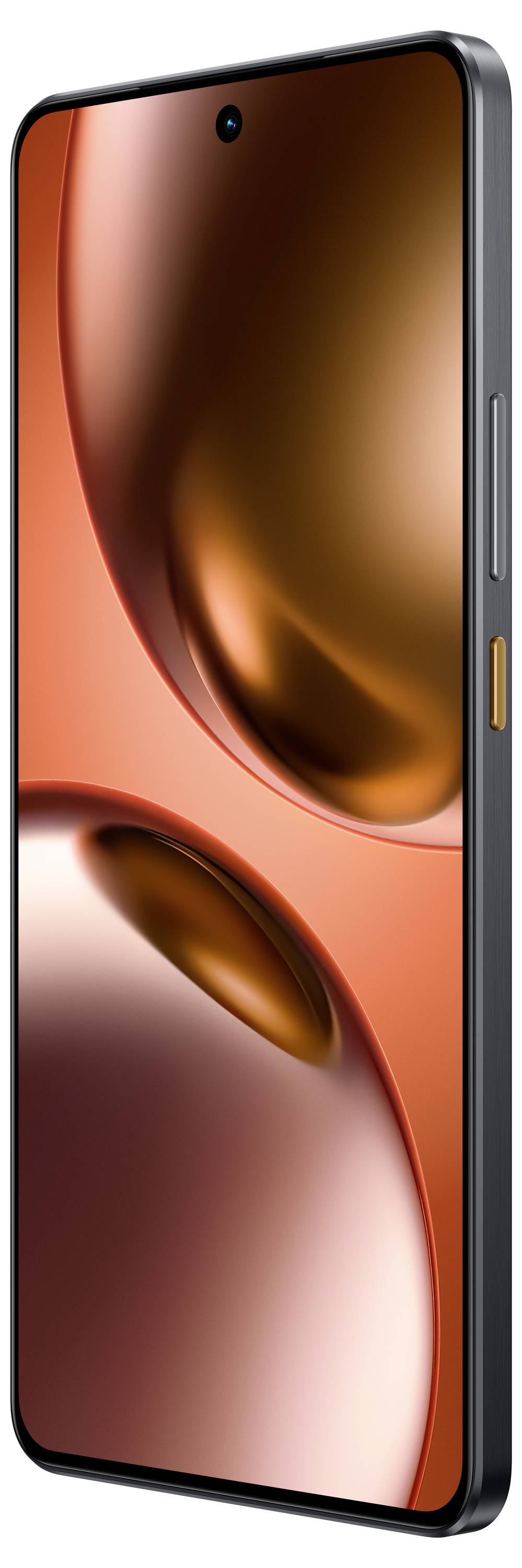 Ein Smartphone mit schwarzem Rahmen, das einen leuchtend orangefarbenen und metallischen Schimmer auf seinem Bildschirm zeigt, aus einer Winkelansicht betrachtet.