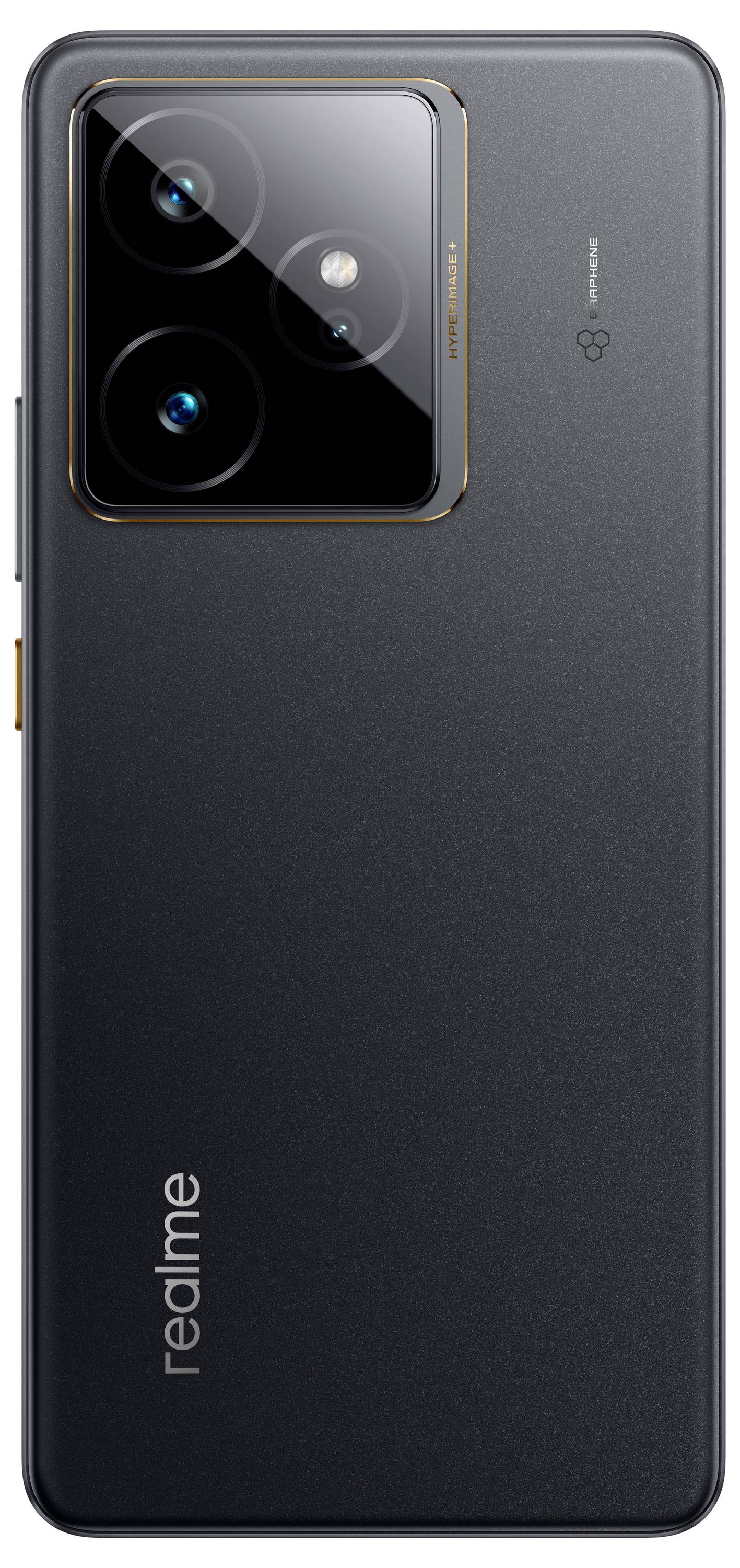 Ein Smartphone mit einem großen, professionellen Triple-Objektiv-Kameramodul auf der Rückseite, auf dem das Logo 'realme' in der Nähe des unteren Randes angebracht ist.