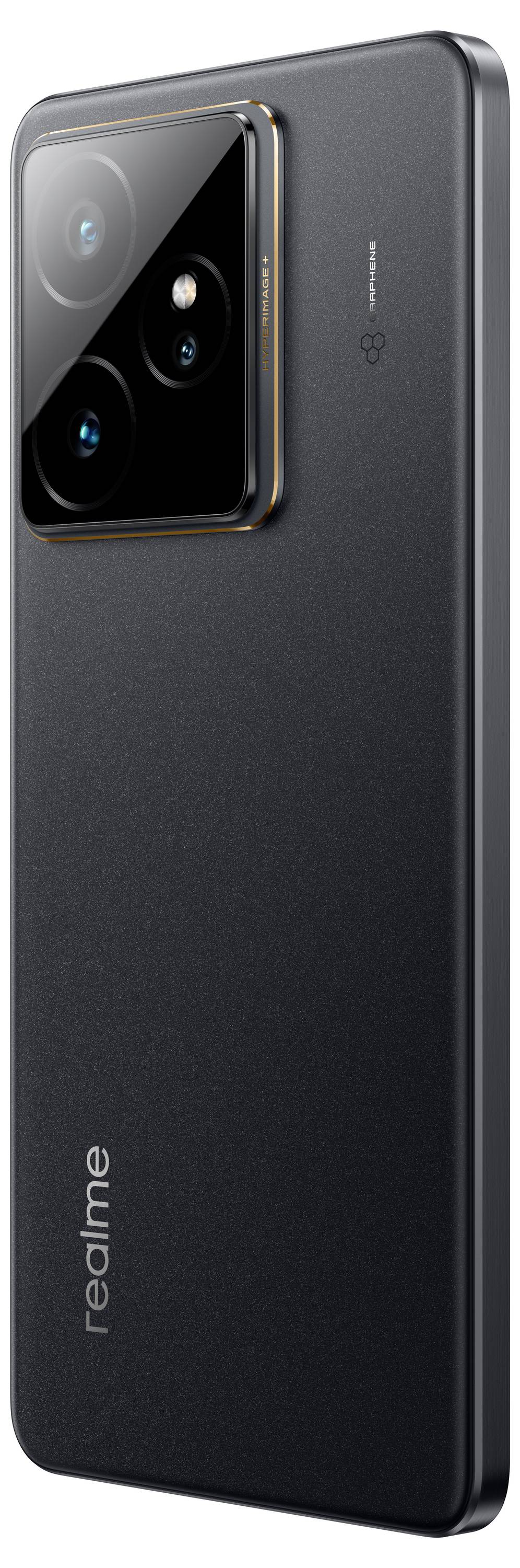 Ein Smartphone von Realme mit einer Dreifach-Hauptkamera und elegantem schwarzem Design.