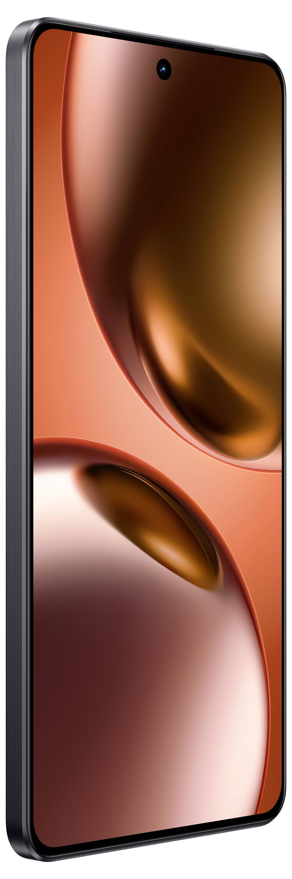 Ein Smartphone mit schlankem schwarzem Rahmen zeigt ein lebhaftes abstraktes Design in Rot und Orange auf seinem Bildschirm und demonstriert dabei seine brillante Displayklarheit.