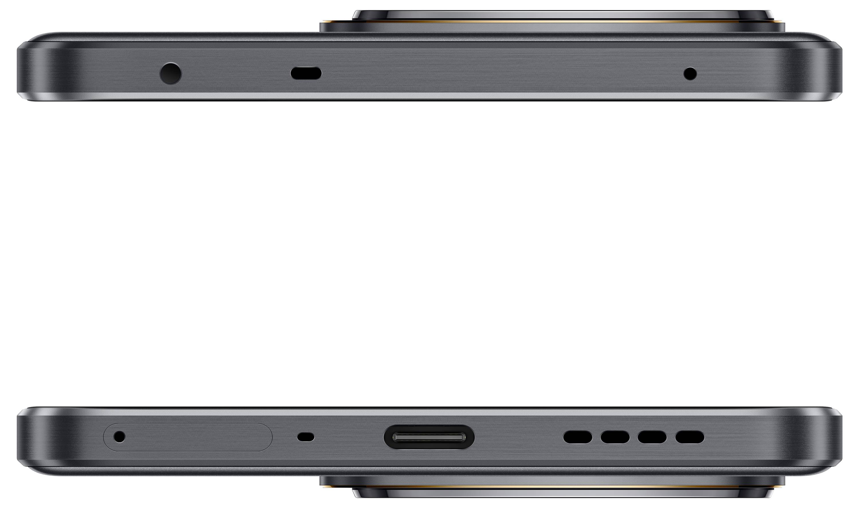 Zwei Seitenansichten eines Smartphones in Schwarz; die obere Seite verfügt über ein Mikrofon, und die untere Seite zeigt einen Lautsprecher, ein Mikrofon und einen USB-C-Anschluss.