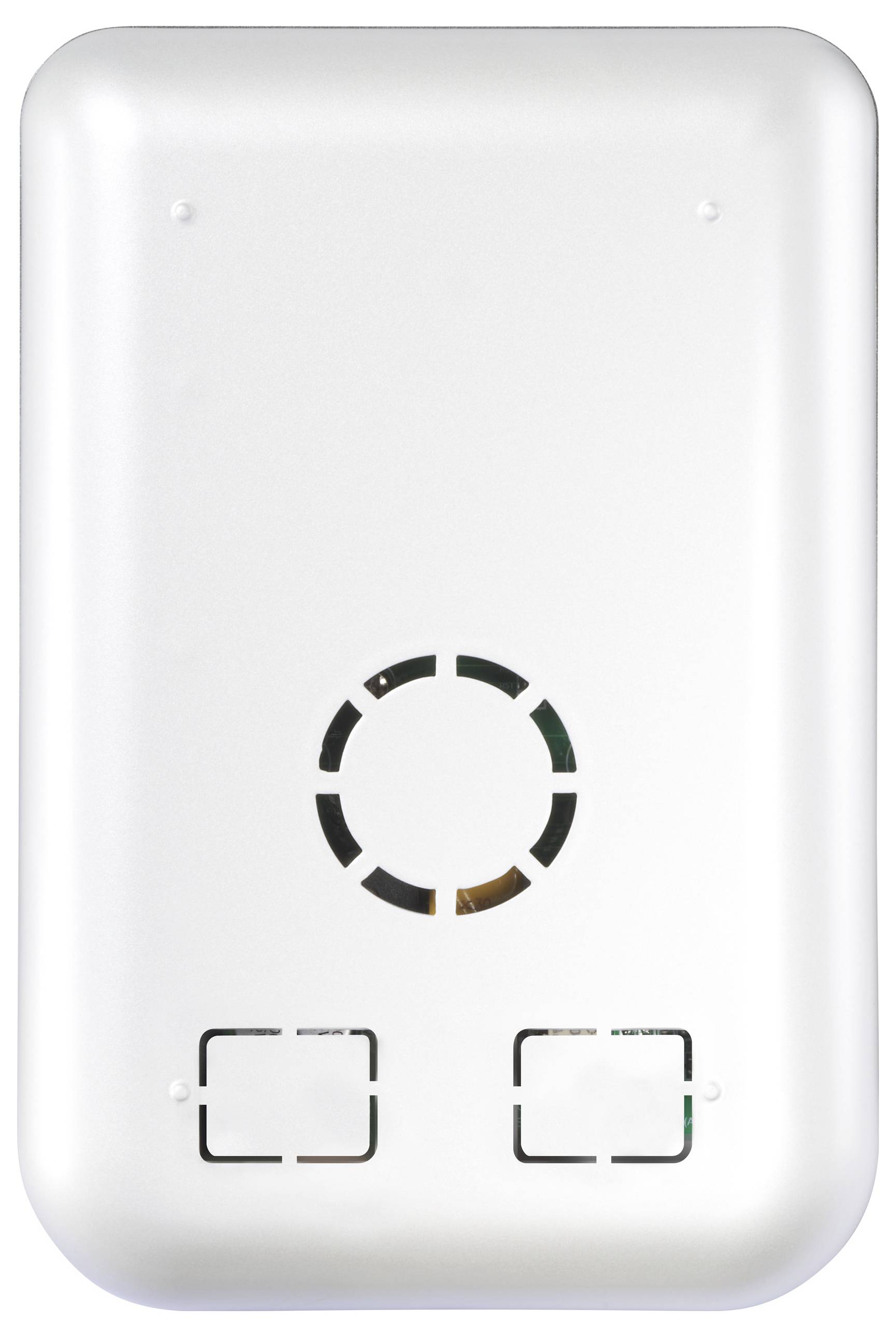 Ein rechteckiges weißes Gerät mit gitterartigen Öffnungen und einem kreisförmigen Muster in der Mitte, möglicherweise zur Belüftung oder Schallabgabe.