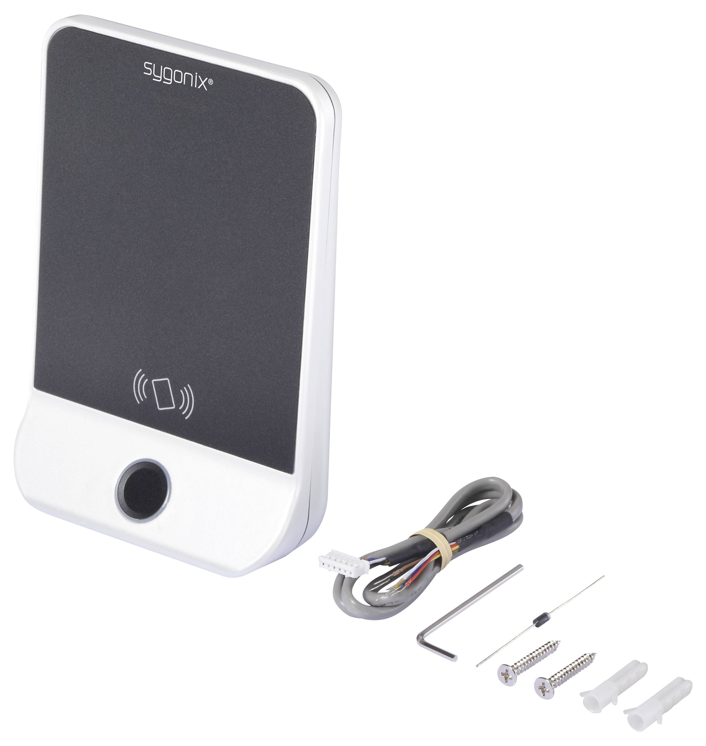 Ein schwarz-weißes intelligentes Türzugangsfeld, das ein Kartensymbol anzeigt, mit Installationszubehör einschließlich Schrauben, einem Kabel und einem Sechskantschlüssel.