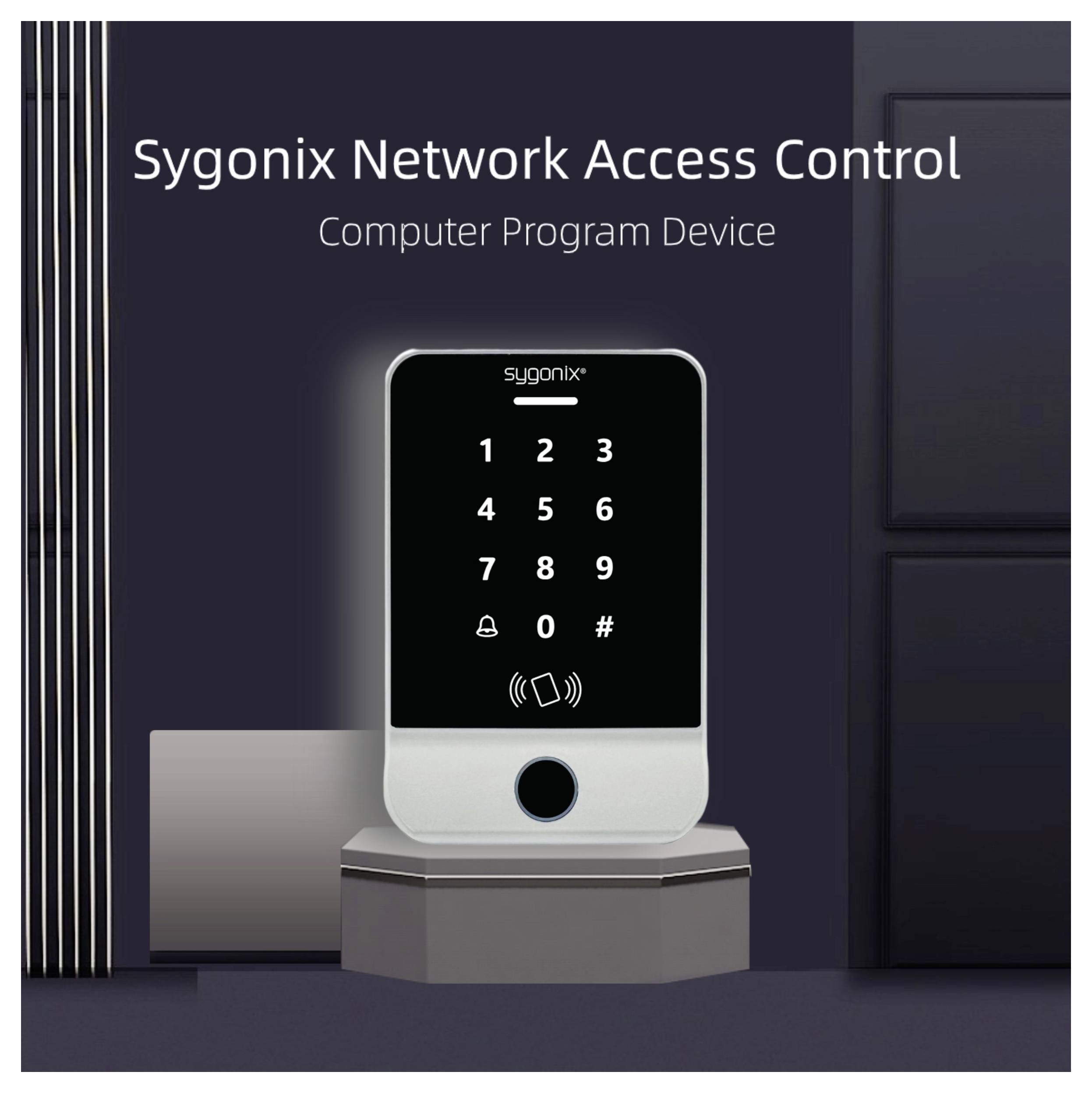 'Sygonix Netzwerkzugriffssteuerung. Computerprogramm-Gerät.' Bild eines digitalen Tastatur-Zugangssteuerungssystems mit leuchtenden Zahlen.