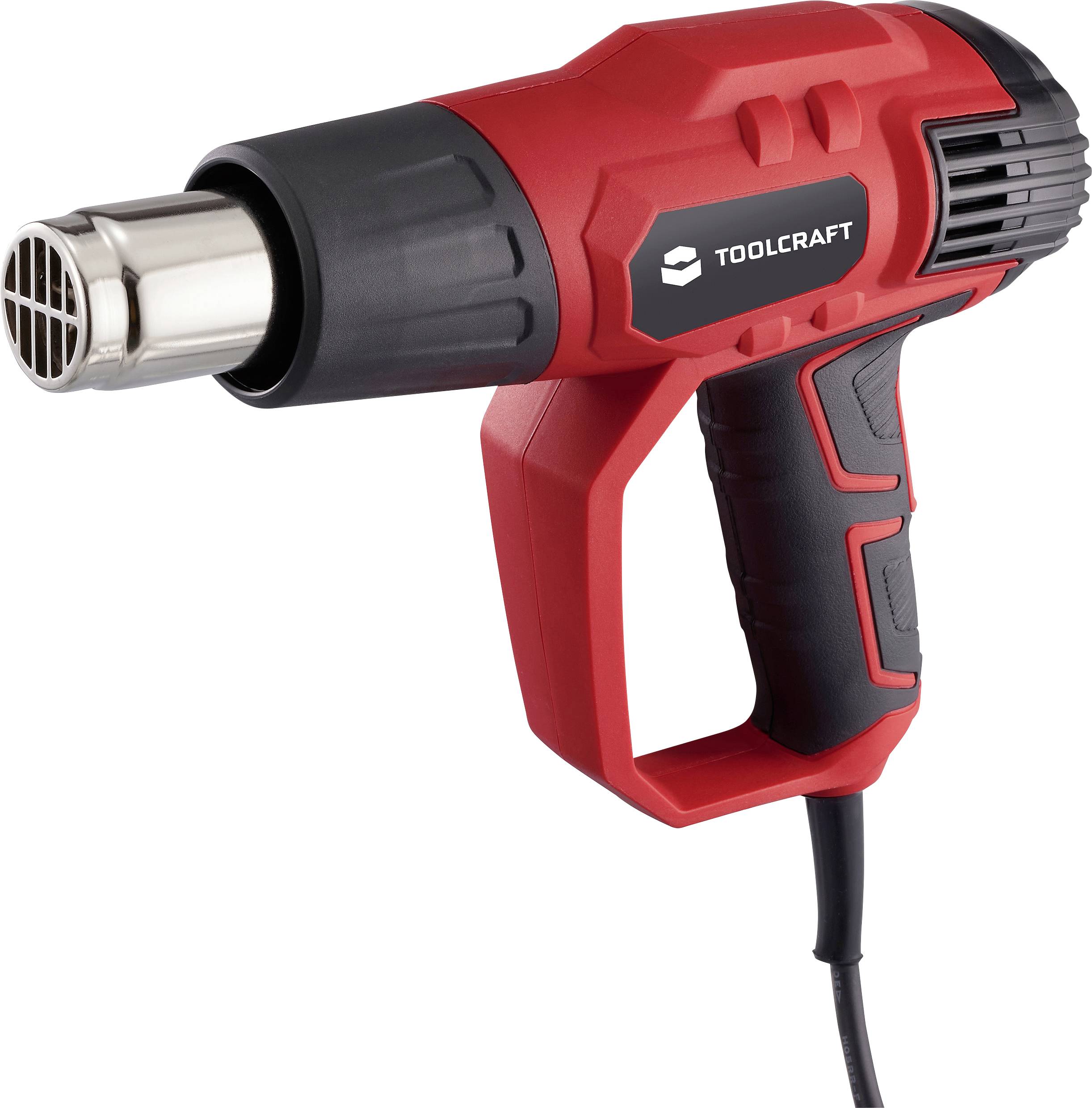 Rote und schwarze Toolcraft Heißluftpistole mit belüfteter Düse und ergonomischem Griff, entwickelt für den Einsatz bei DIY-Projekten und Reparaturen.