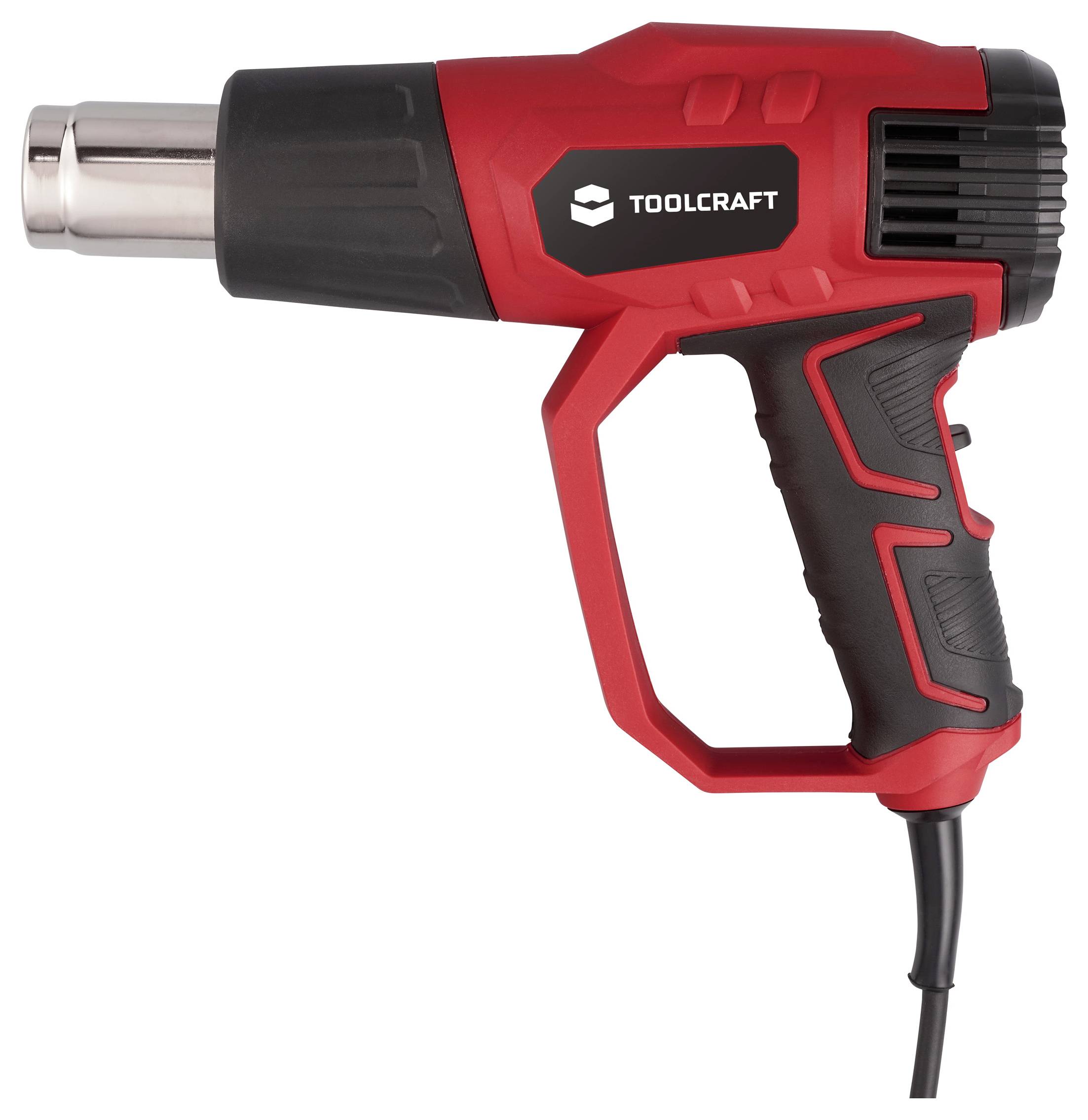 Eine rote und schwarze Heißluftpistole mit Düse, markiert mit ‚Toolcraft', die für Aufgaben wie Farbentfernung und Kunststoffbiegung konzipiert ist.