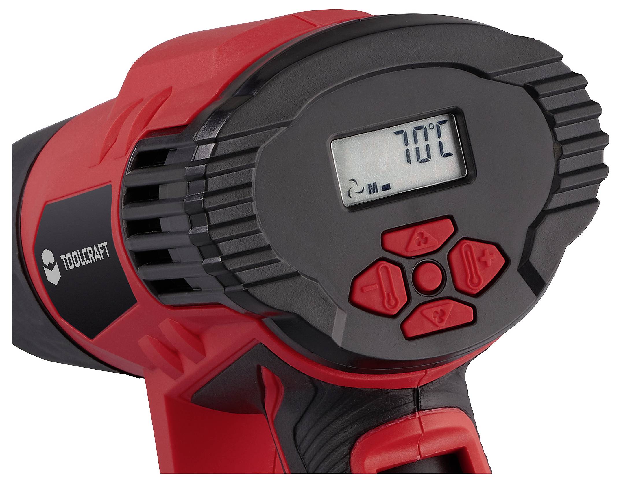 Eine rote und schwarze Heißluftpistole mit einem digitalen Display, das '70°C' anzeigt, und Bedienungstasten darunter.