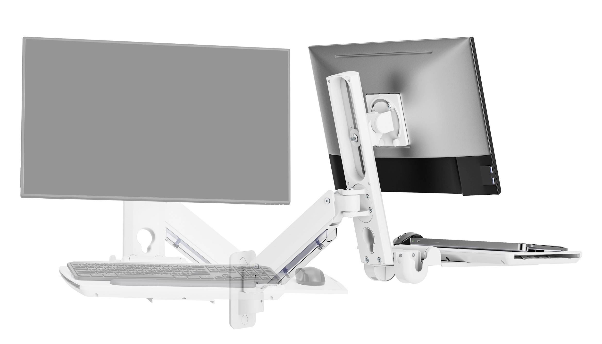 Zwei verstellbare Wandhalterungen für Monitore, eine davon einen Monitor tragend, die andere einen Tastatur- und Monitorhalter, die einen ergonomischen Arbeitsplatz-Aufbau veranschaulichen.