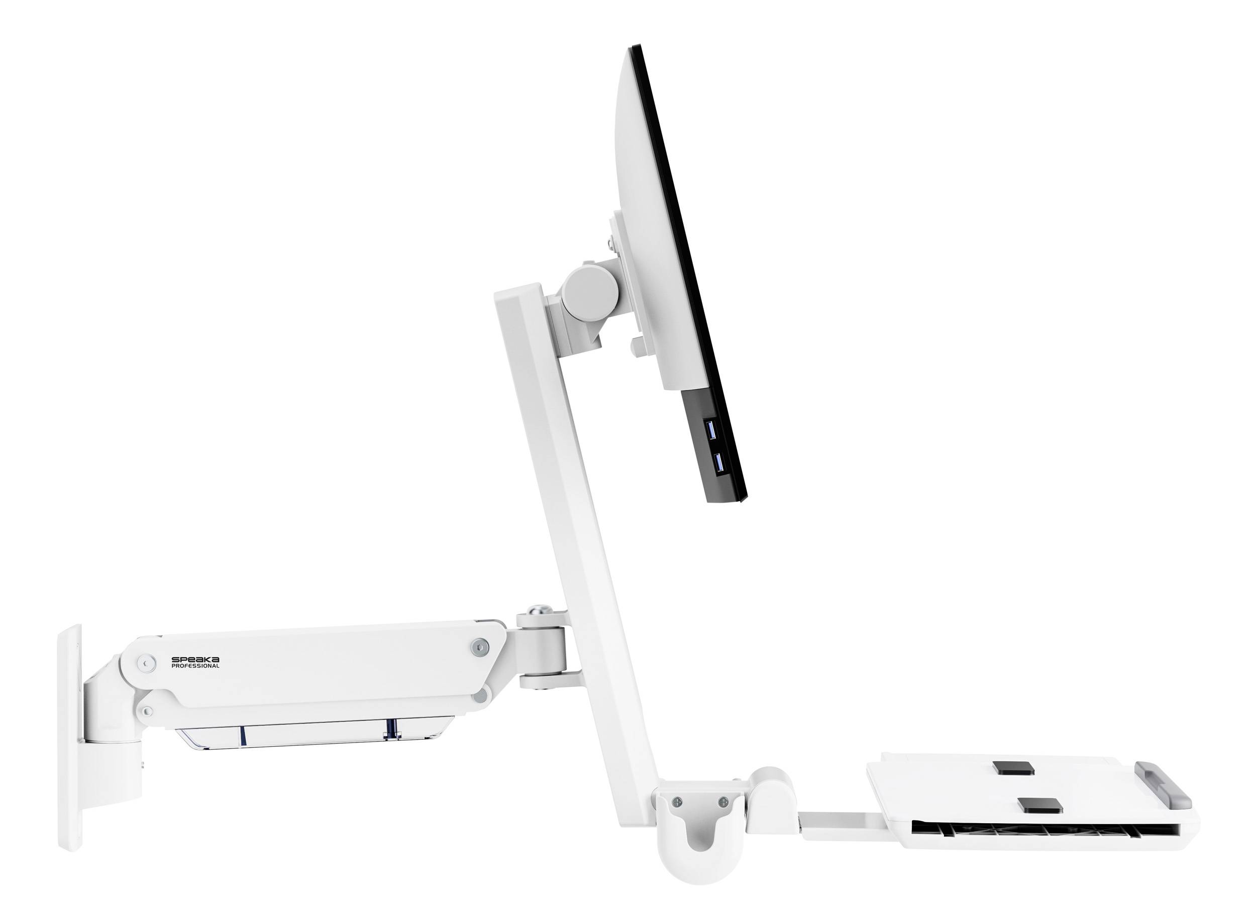 Verstellbarer Monitorarm mit angebrachter Bildschirm- und Tastaturablage, entwickelt für ergonomische Positionierung.