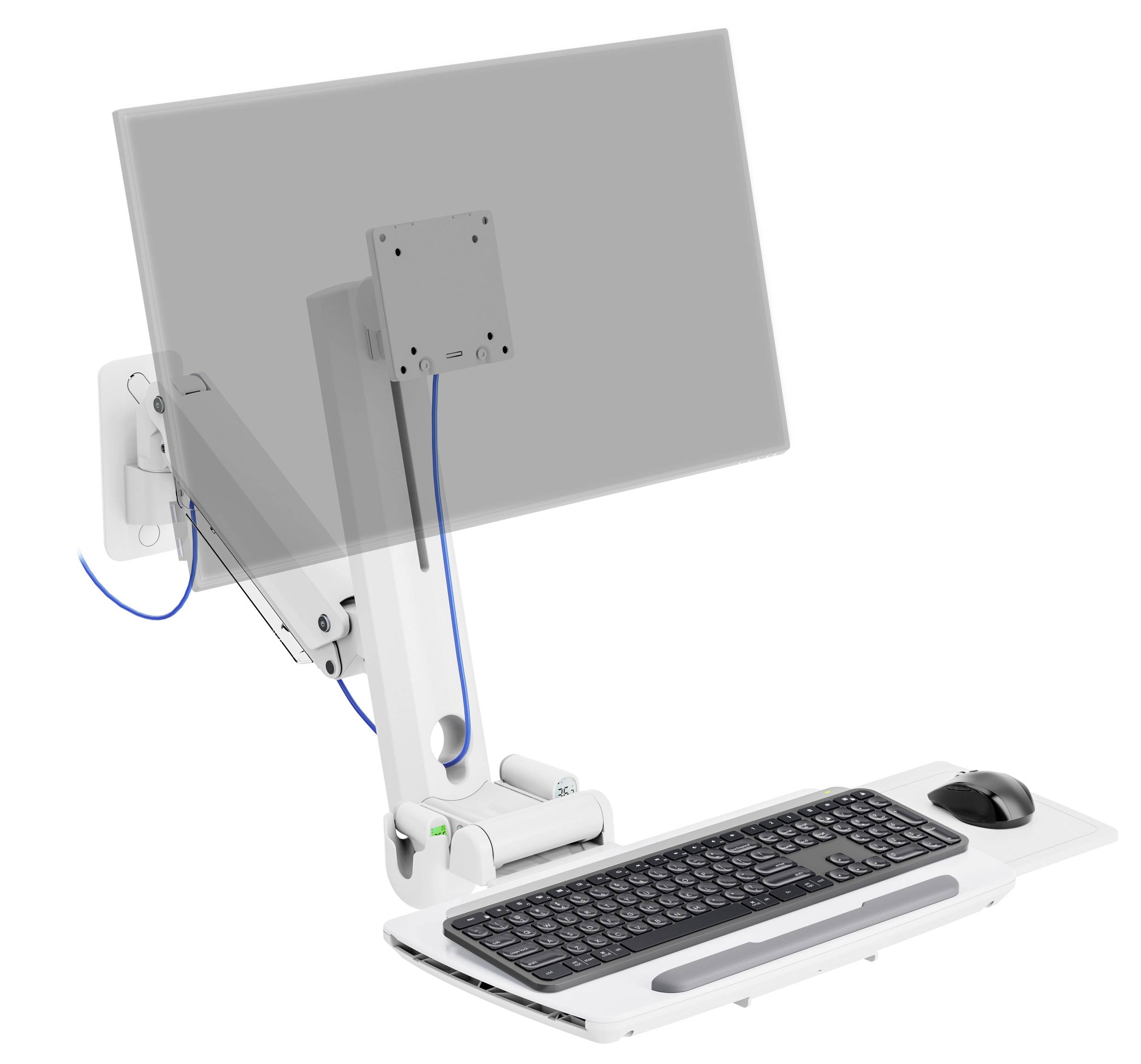 Höhenverstellbarer Monitorarm an einer Wandhalterung mit angebrachter Tastaturablage und Mauspad, der eine ergonomische Computerarbeitsplatz-Lösung präsentiert.