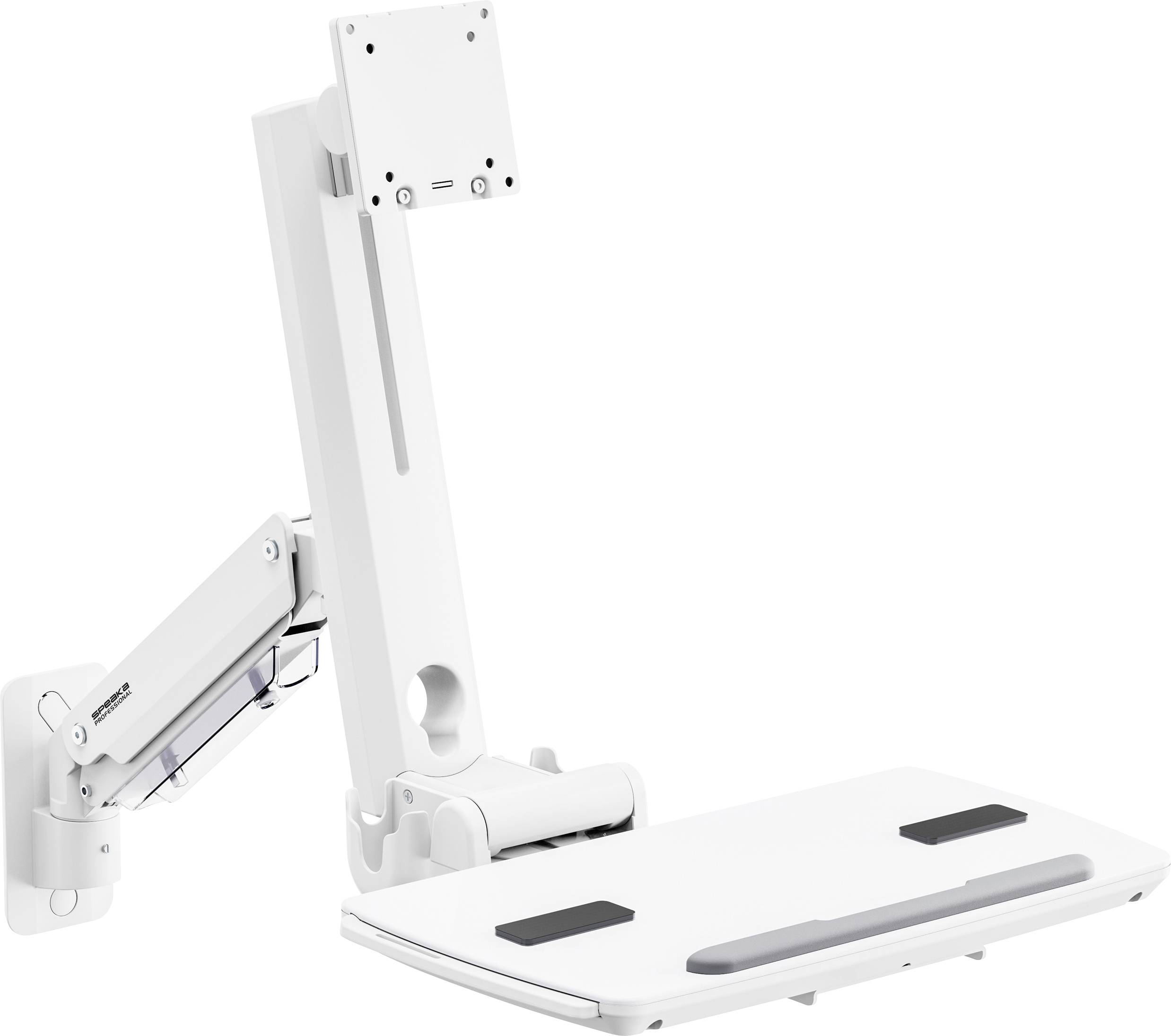 Eine weiße, verstellbare Halterung für Monitor und Tastatur, die für Büroschreibtische konzipiert ist, ermöglicht flexible Positionierung für ergonomische Nutzung.