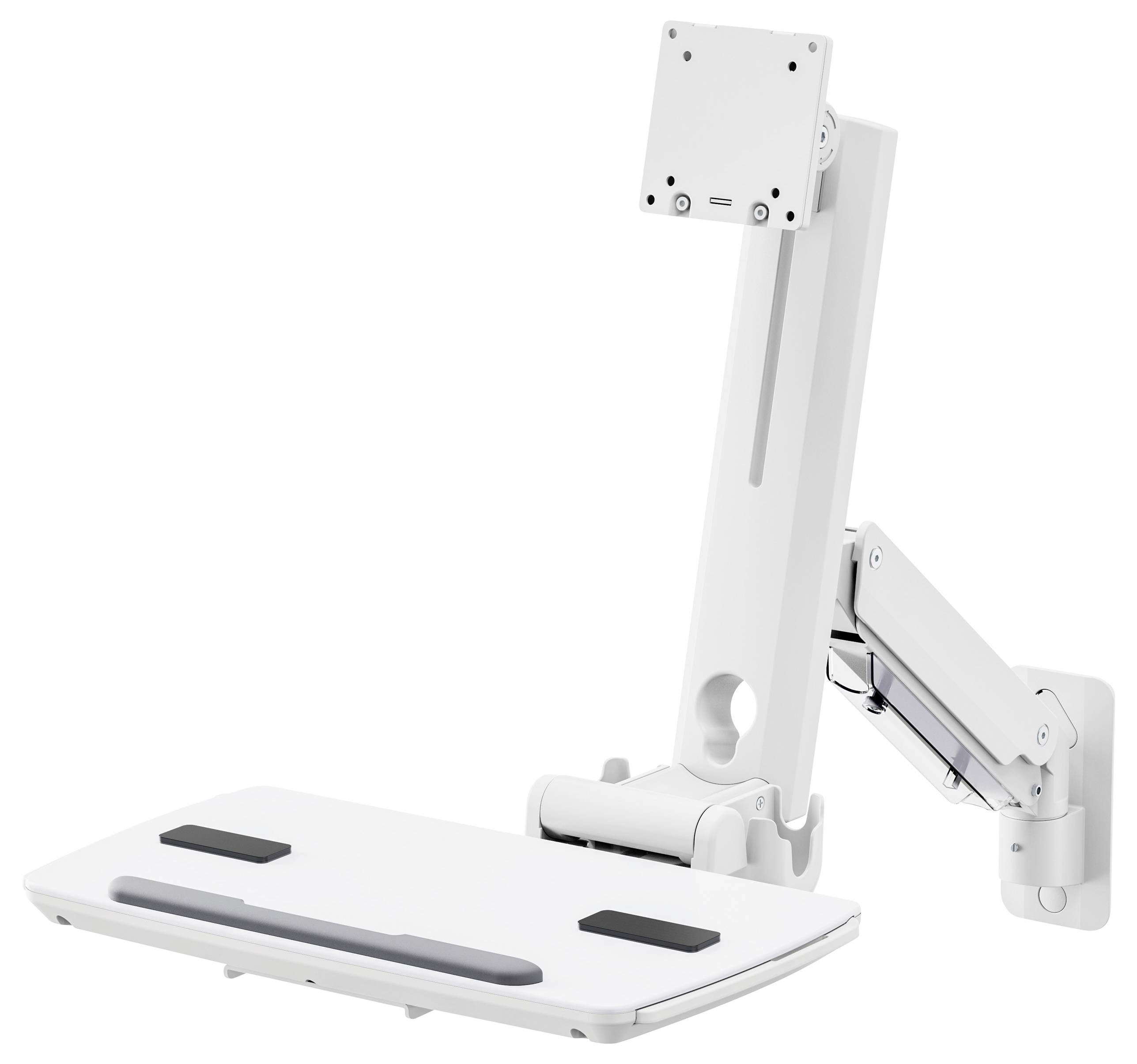 Ein verstellbarer weißer Wandmontierter Arbeitsplatz-Arm, der zum Aufnehmen von Monitor und Tastatur entwickelt wurde und ergonomische Flexibilität für Steh-Schreibtische bietet.