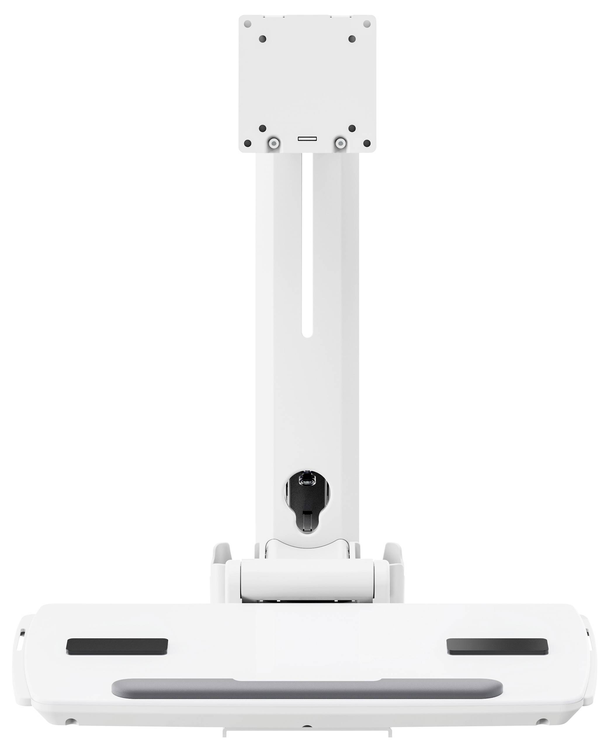 Eine weiße Deckenhalterung für Projektoren mit verstellbarem Arm und sicherer Befestigungsplatte, entwickelt zum Halten von Projektoren in Bildungs- oder professionellen Umgebungen.