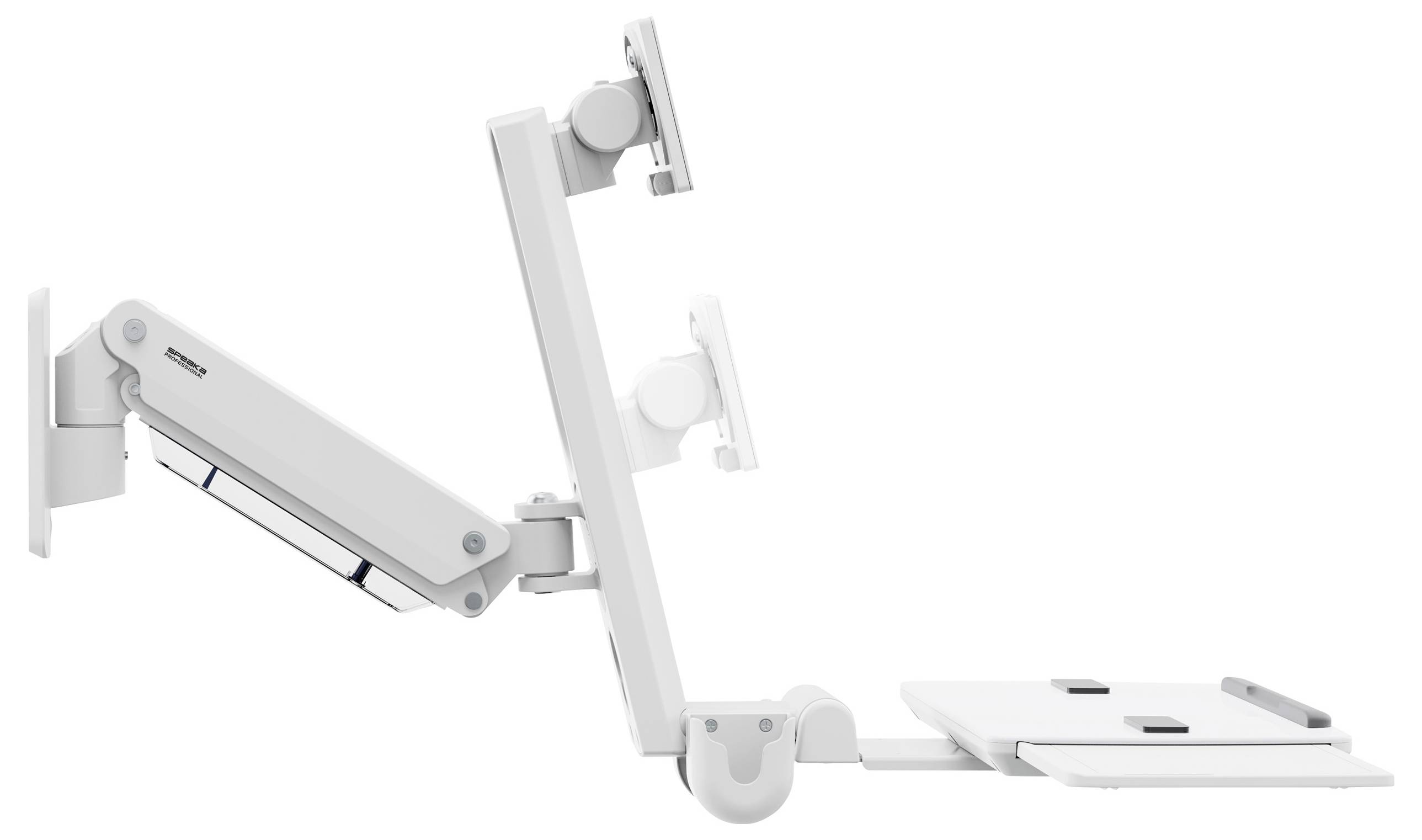 Ein weißer, verstellbarer Wandhalter für Monitor und Tastatur mit mehreren Gelenken und Befestigungspunkten für eine ergonomische Arbeitsplatzgestaltung.