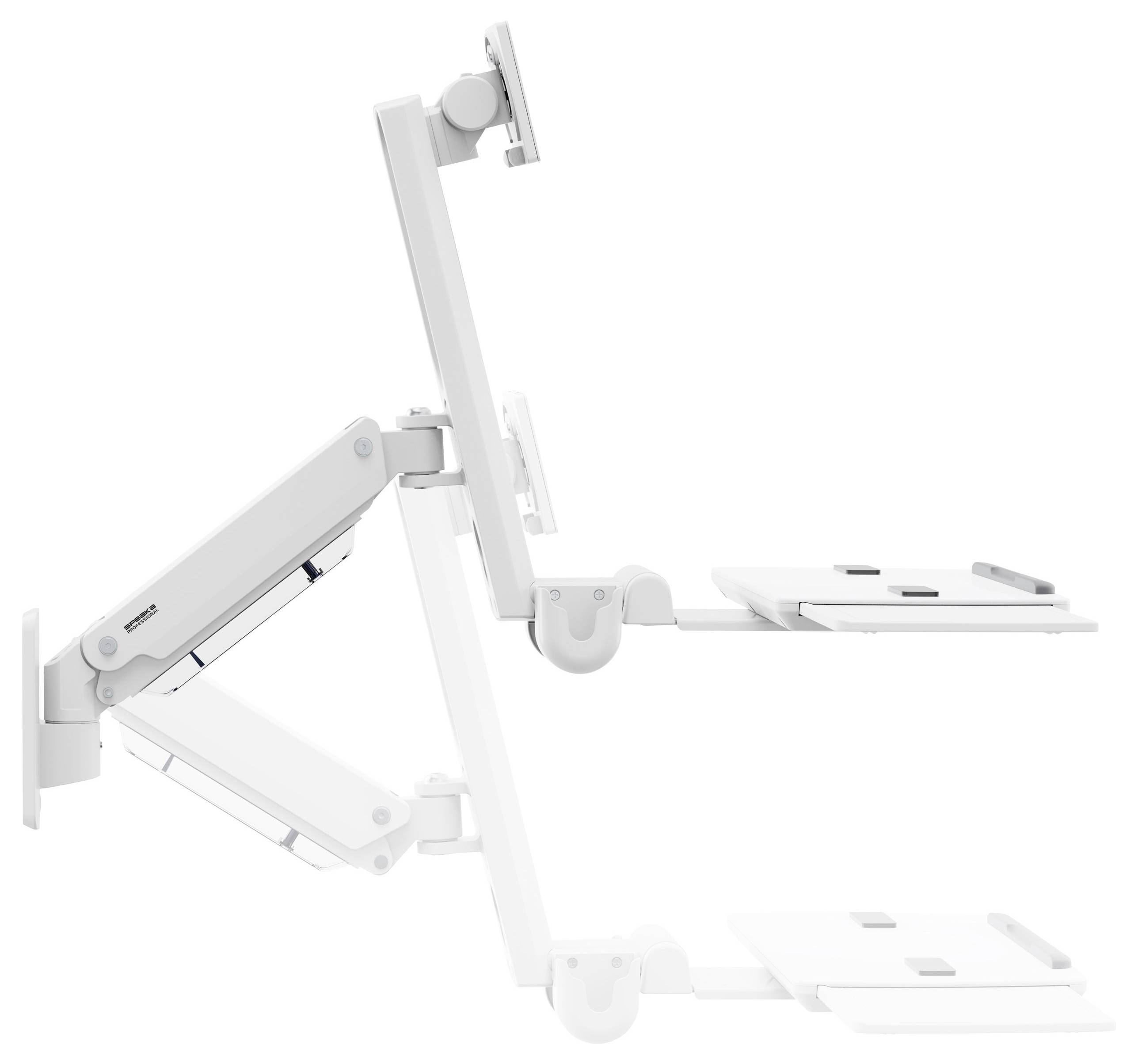 Ein weißer, verstellbarer Dual-Monitor-Armständer mit zwei Ebenen für Monitore und Tastaturhalterungen, entwickelt für eine ergonomische Arbeitsplatzeinrichtung.