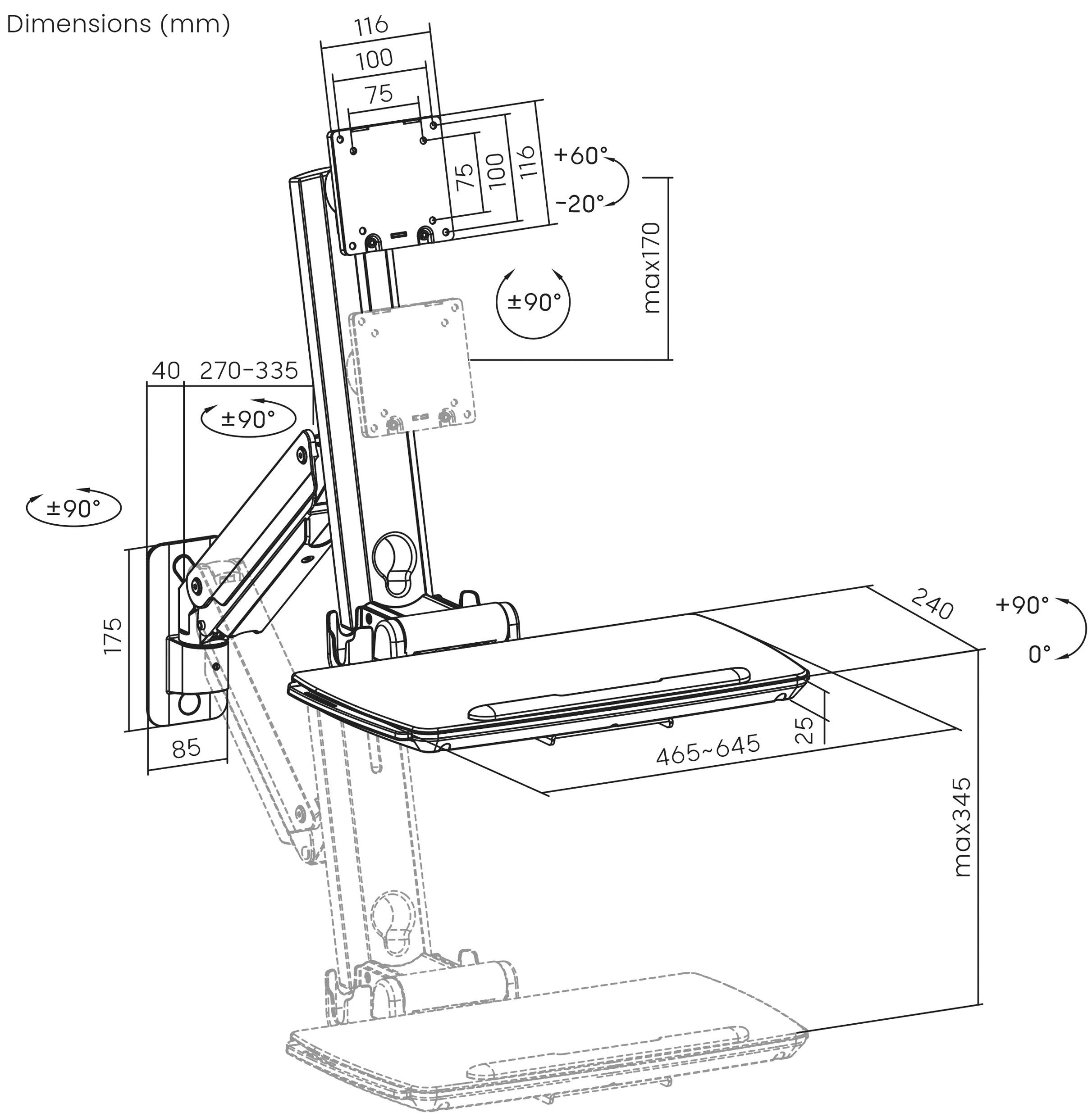 'Abmessungen (mm)' technische Zeichnung eines verstellbaren Schreibtischarms, die den maximalen Bereich und die Winkel für Höhen-, Tiefen- und Neigungseinstellungen zeigt.