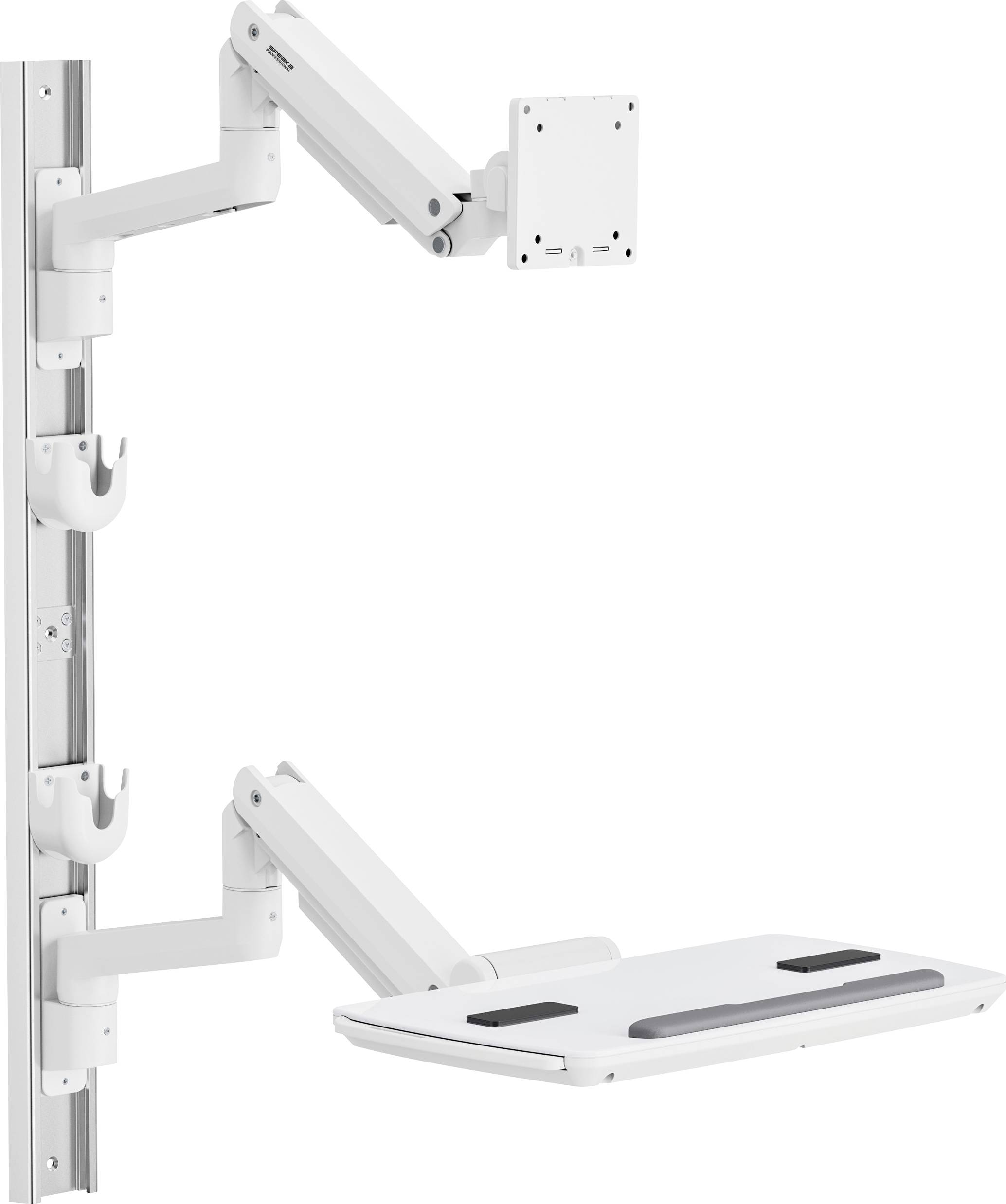 Ein weißer, wandmontierter, höhenverstellbarer Monitorarm mit Tastaturablage, entwickelt für ergonomische Arbeitsplatzeinrichtungen und fähig zu vertikalen und horizontalen Bewegungen.