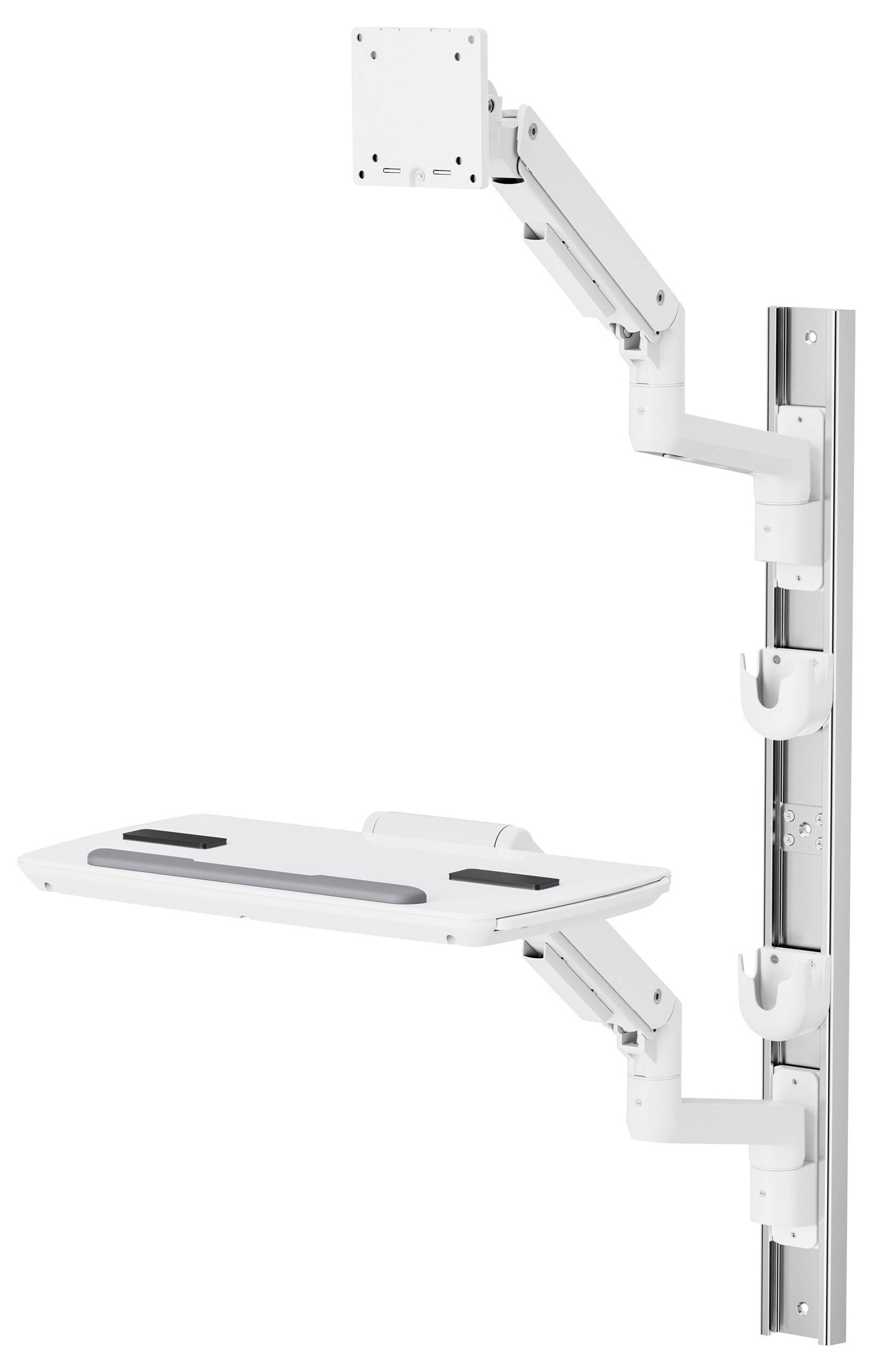 Wandmontierbare, höhenverstellbare Arbeitsstation mit weißem Tastaturträger und VESA-Halterung für einen Monitor. Entwickelt für ergonomische Nutzung in verschiedenen Einsatzbereichen.