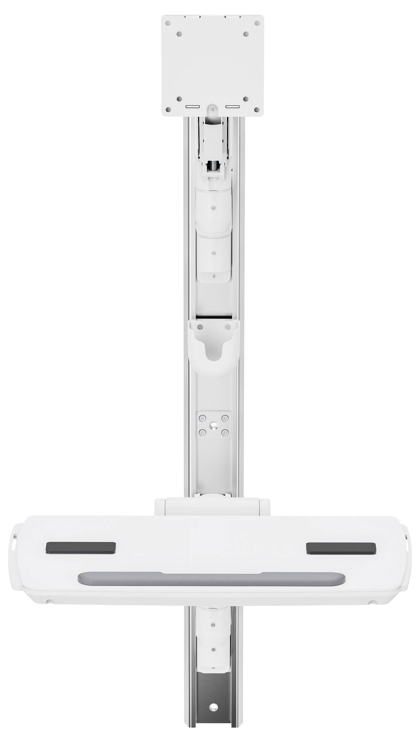 Eine deckenmontierte medizinische Vorrichtung mit einem verstellbaren Arm, wahrscheinlich verwendet zur Patientenüberwachung oder Geräteunterstützung in medizinischen Einrichtungen.