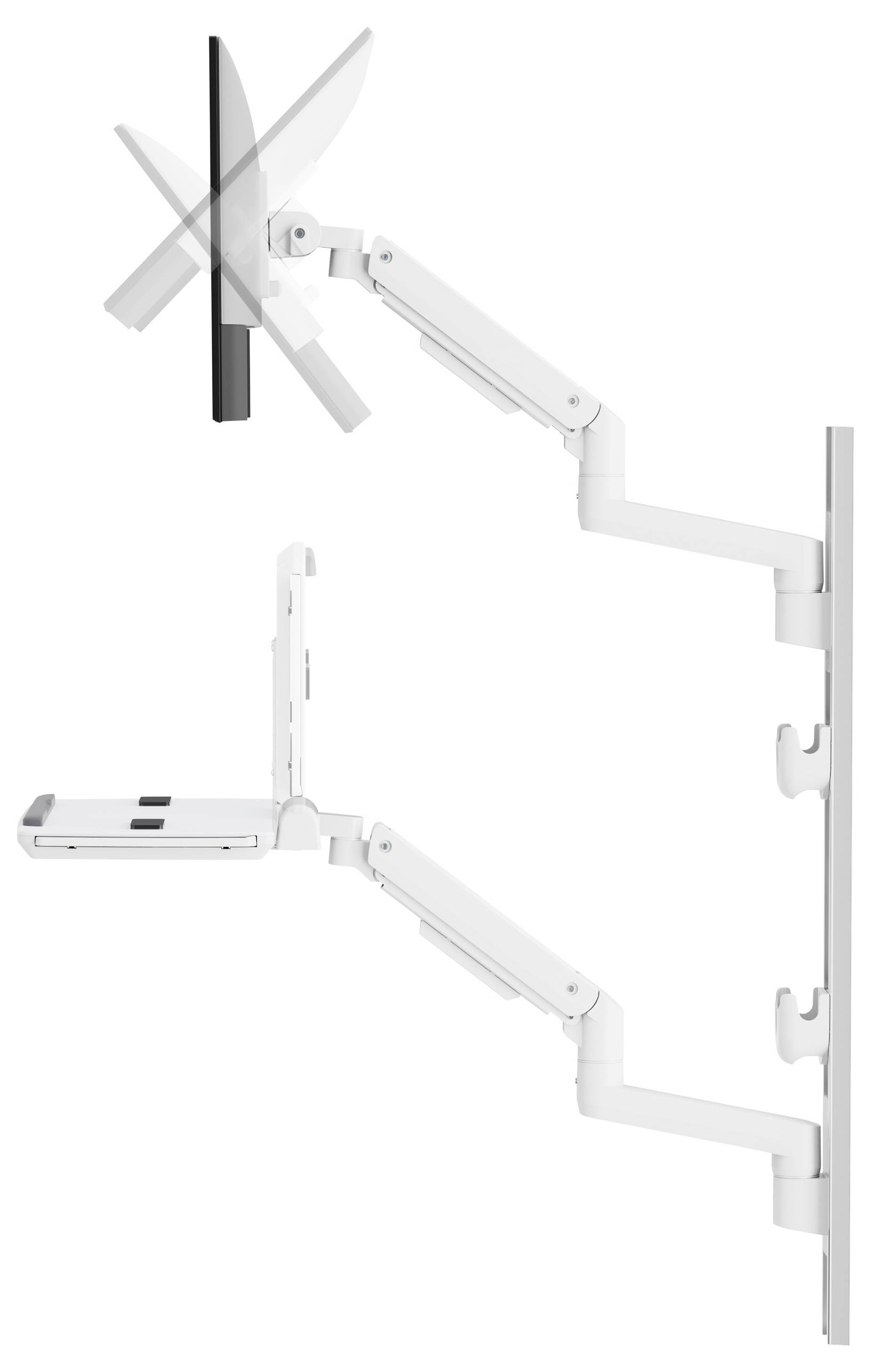 Verstellbarer weißer Wandarm mit zwei schwenkbaren Abschnitten, der einen Flachbildschirm und ein Tastaturablage hält.